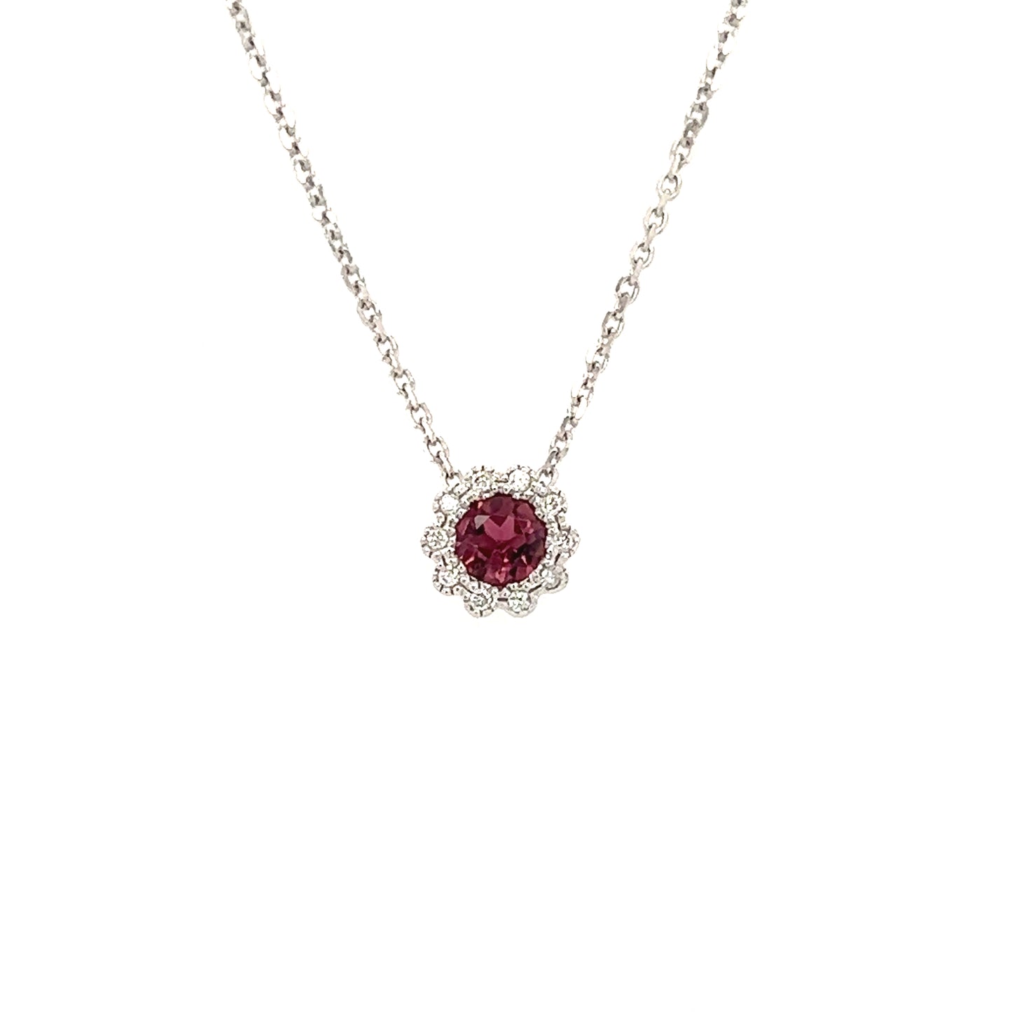 Floral Tourmaline Pendant with Diamond Halo in 14K White Gold Front Pendant and Chain View