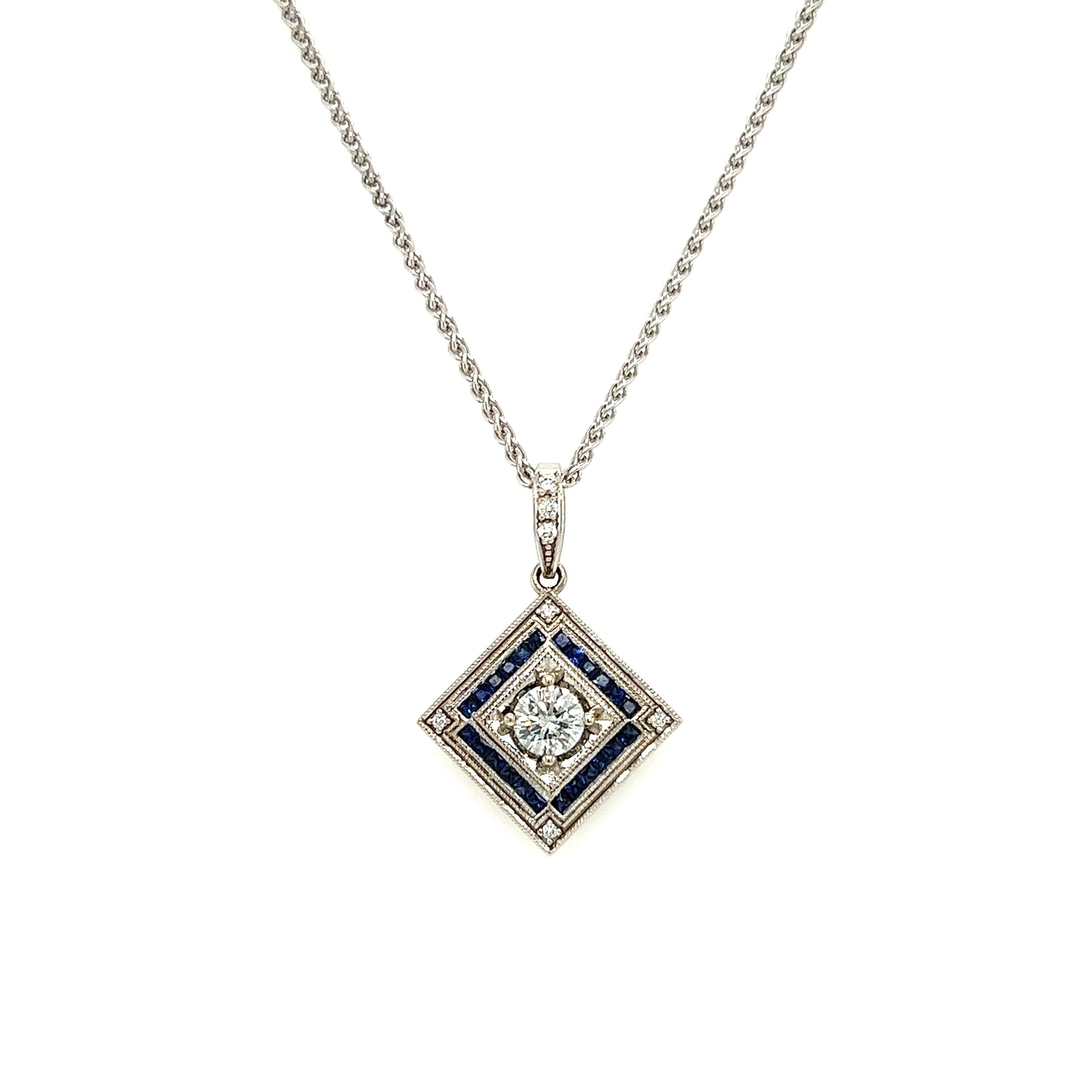 Square on Point Diamond Necklace with 0.64ctw of Blue Sapphires in White Gold Necklace Front View