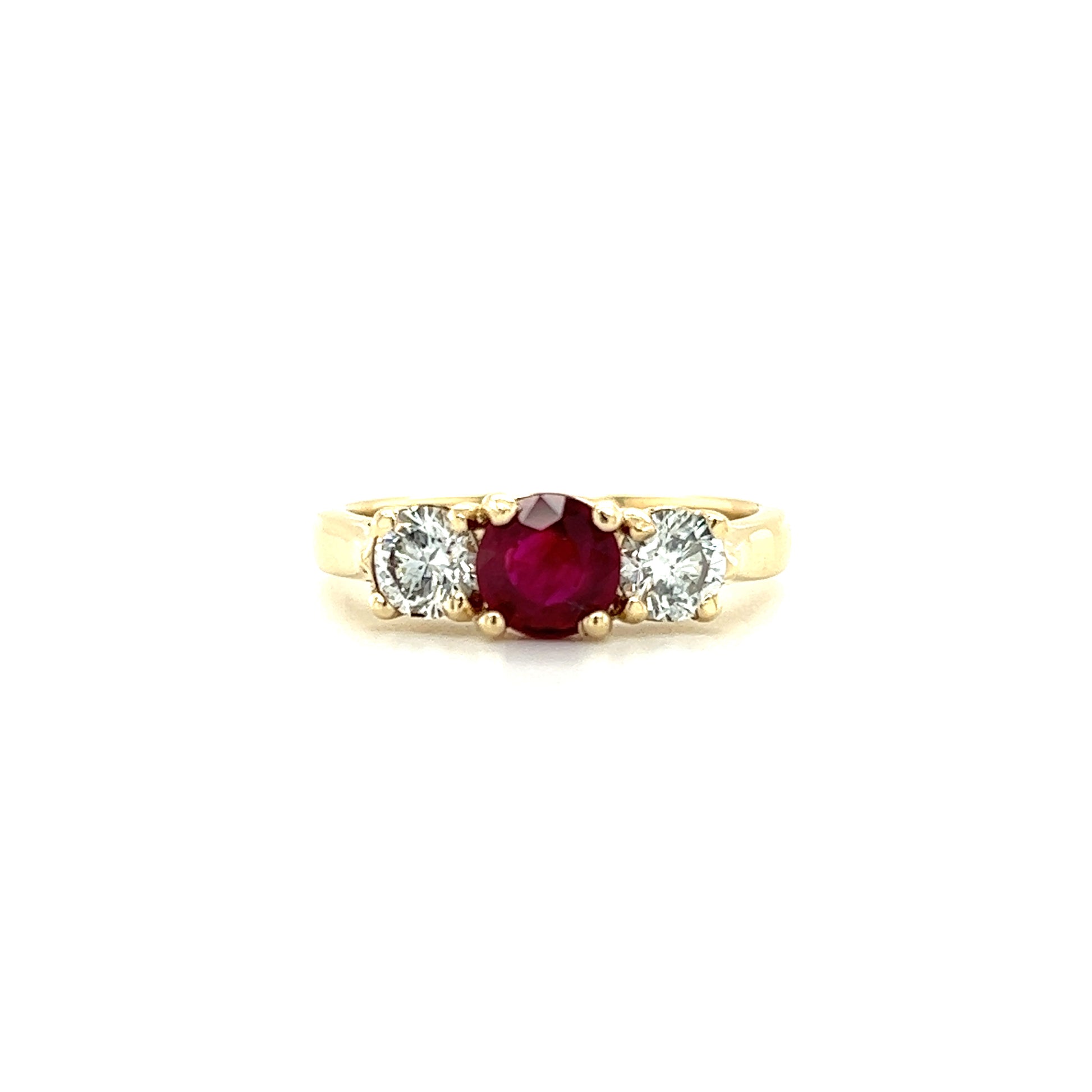 Round Ruby Ring with Two Side Diamonds in 14K Yellow Gold Front View
