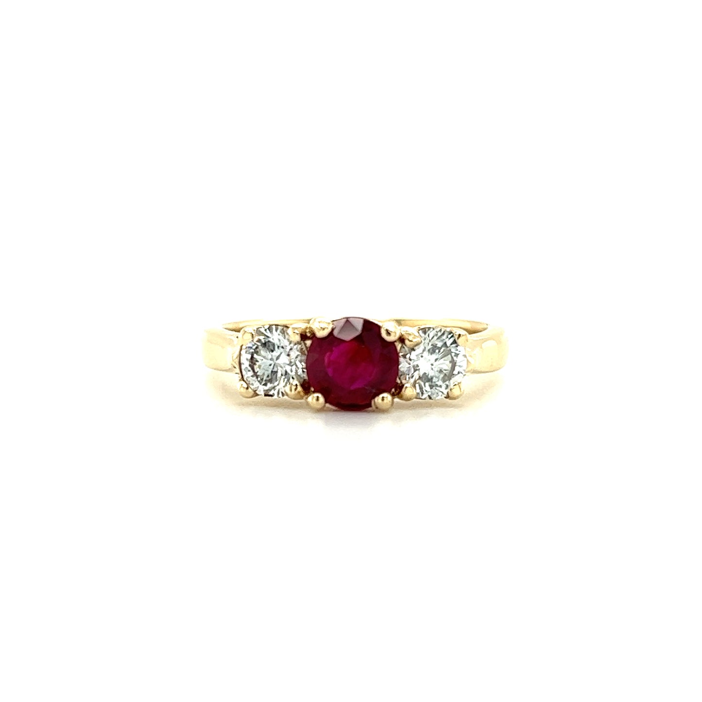 Round Ruby Ring with Two Side Diamonds in 14K Yellow Gold Front View