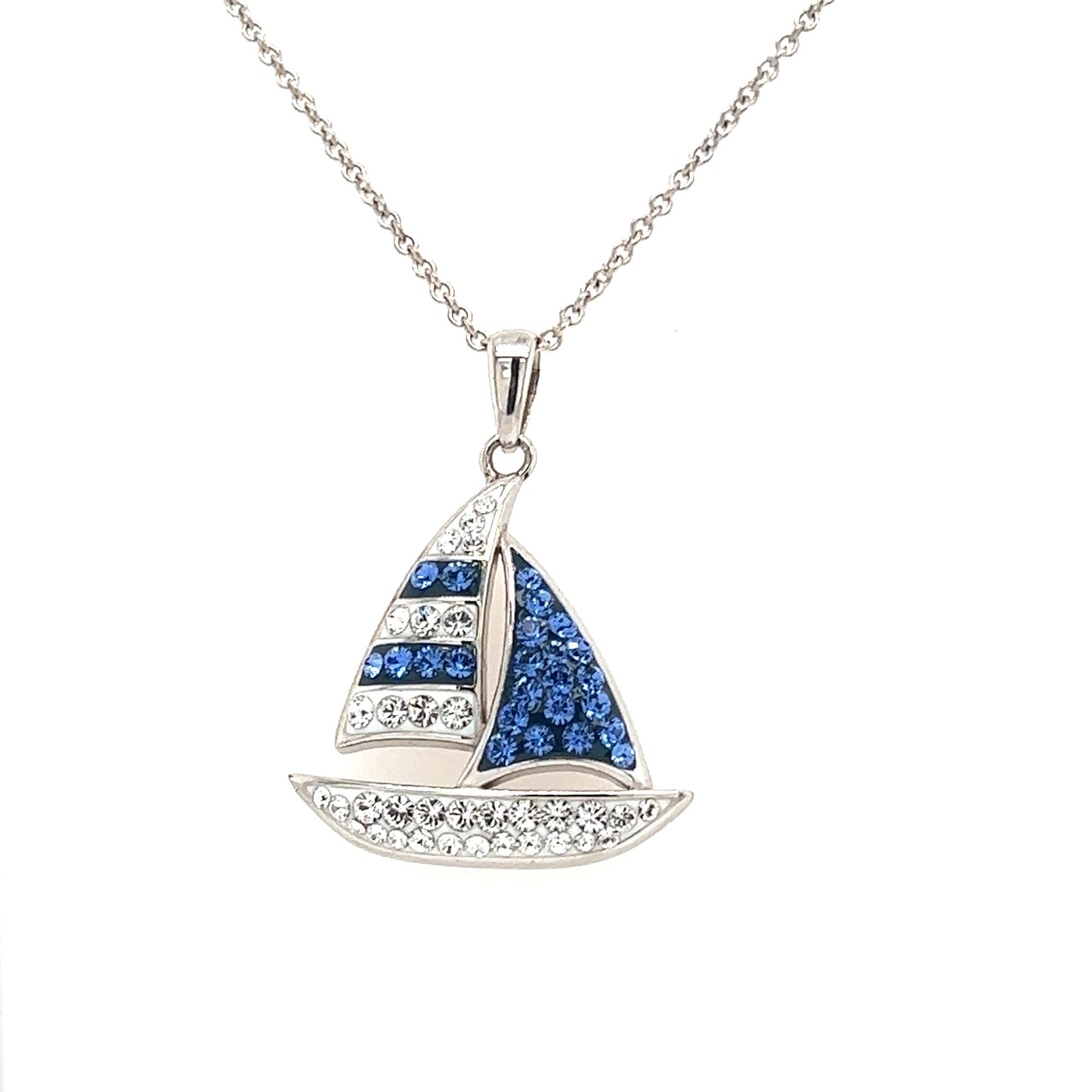 Blue Sailboat Necklace with Blue and White Crystals in Sterling Silver. Pendant Front View