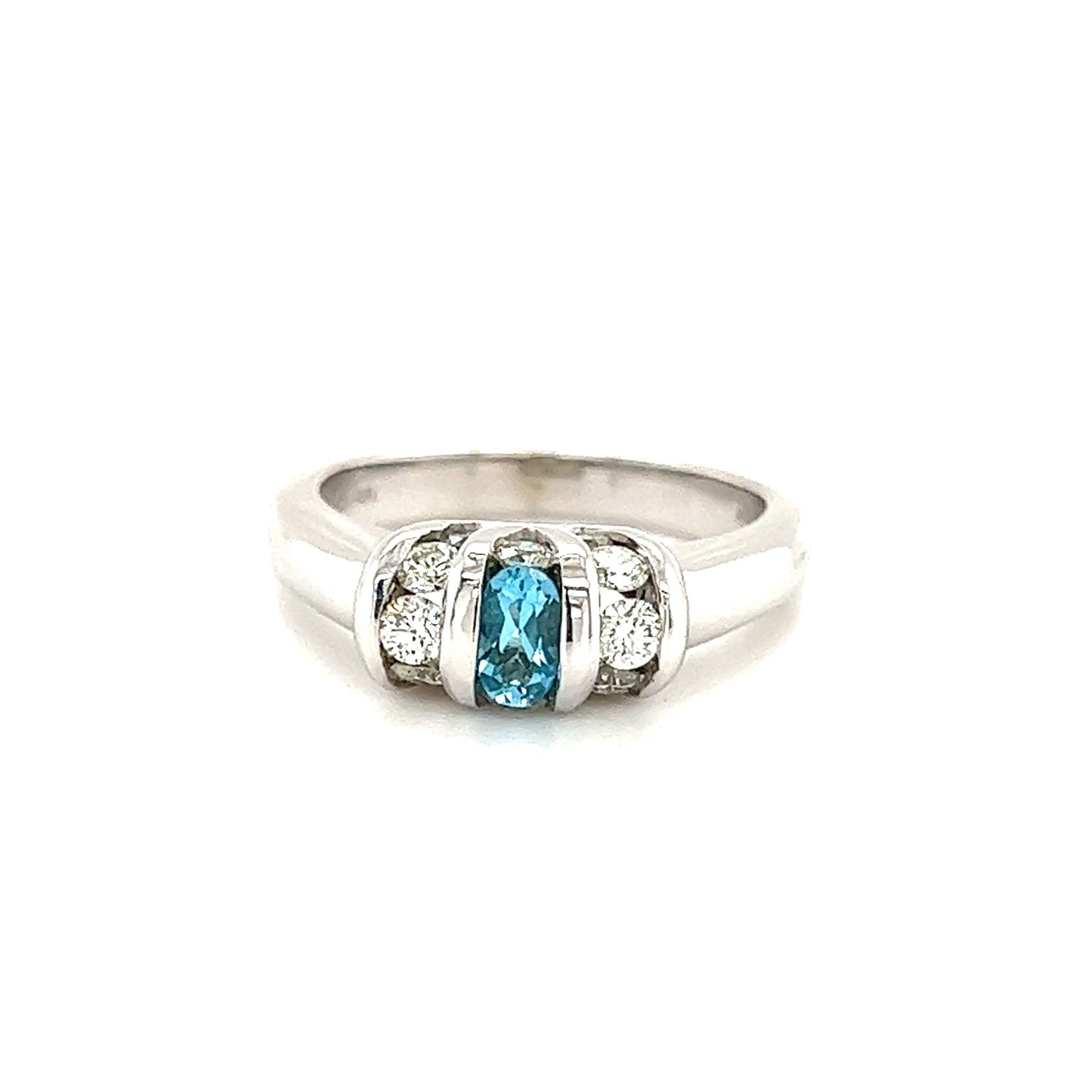 Oval Blue Topaz Ring with Side Diamonds in 14K White Gold Front View 2