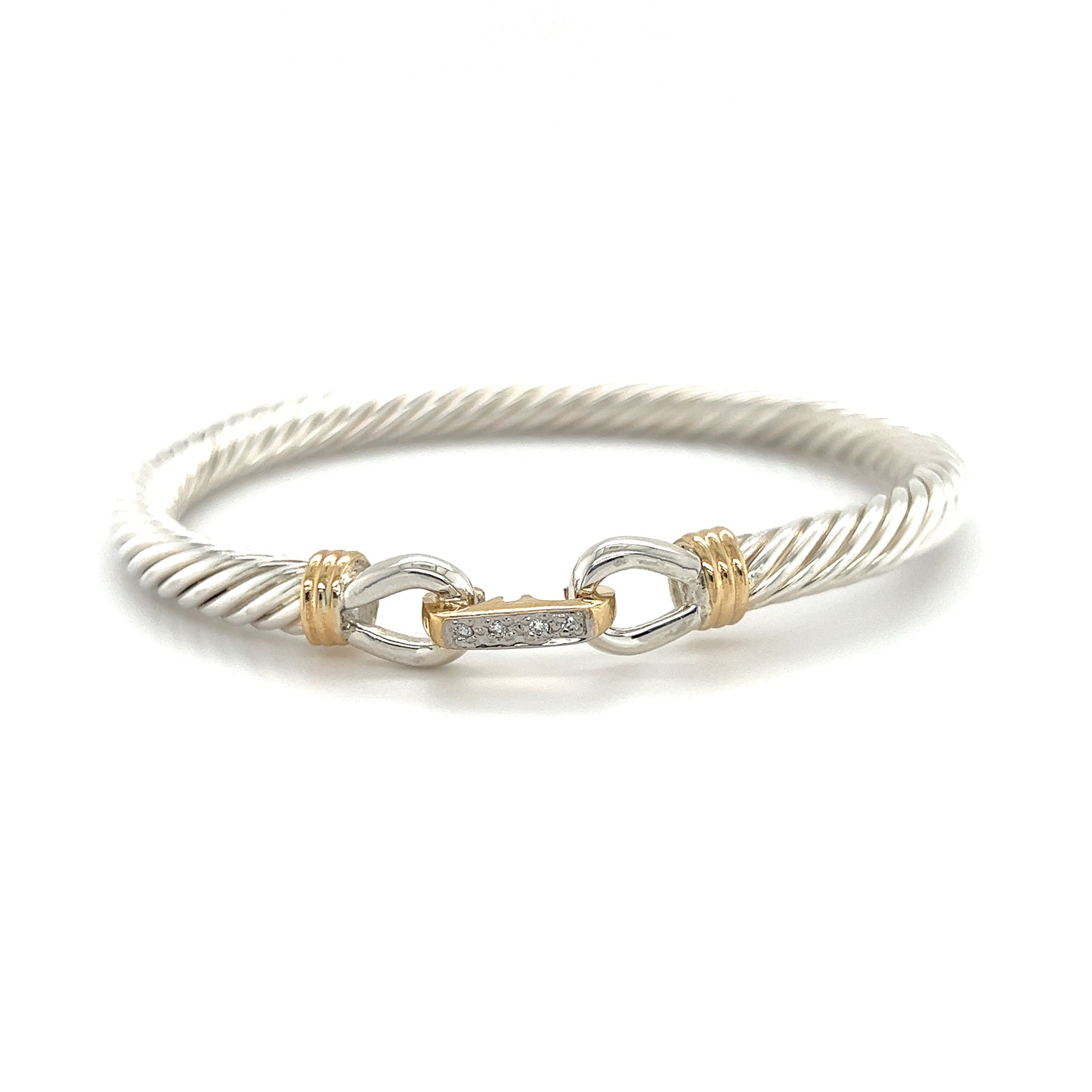 Twisted Cable 5mm Bangle Bracelet with Diamond Catch and 14K Yellow Gold Wraps in Sterling Silver Front Flat View