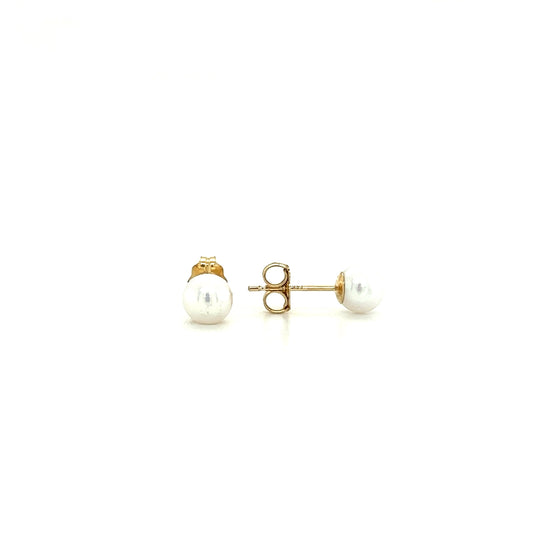 Pearl 5mm Stud Earrings in 14K Gold Front and Side View