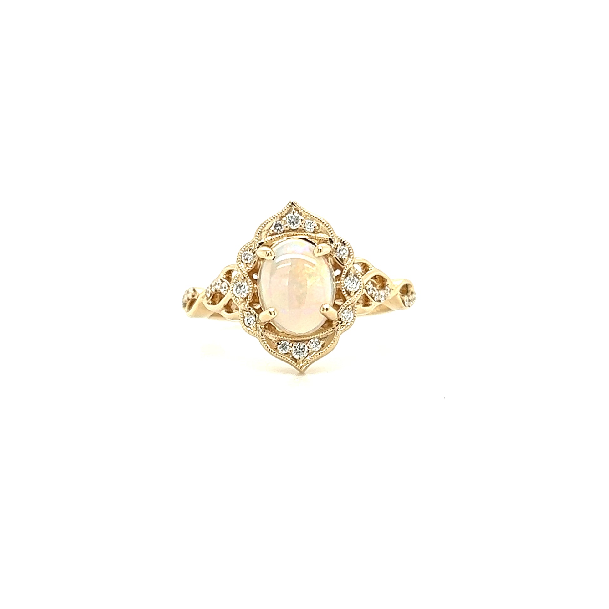 Cabochon White Opal Ring with 0.125ctw of Diamonds in 14K Yellow Gold Front View