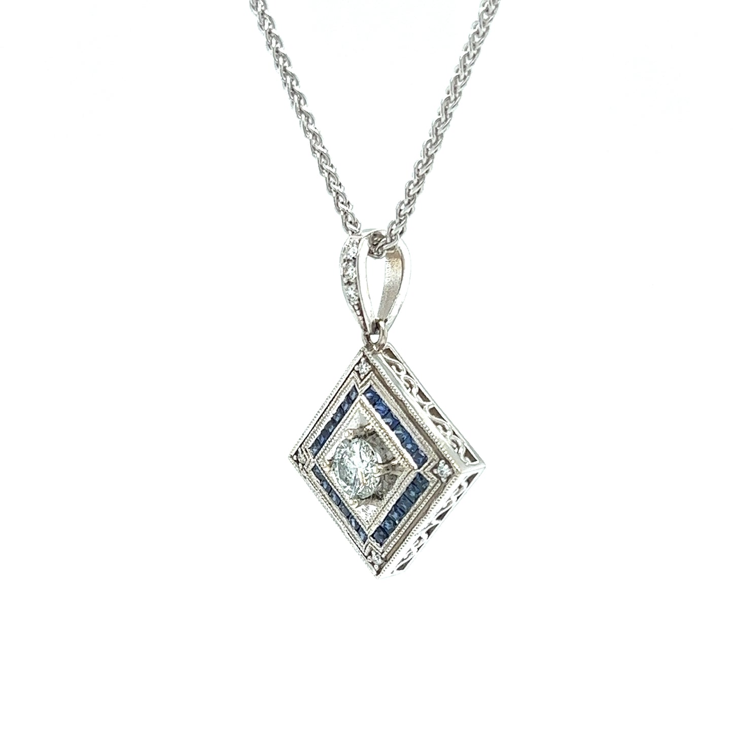 Square on Point Diamond Necklace with 0.64ctw of Blue Sapphires in White Gold Pendant Right Side View