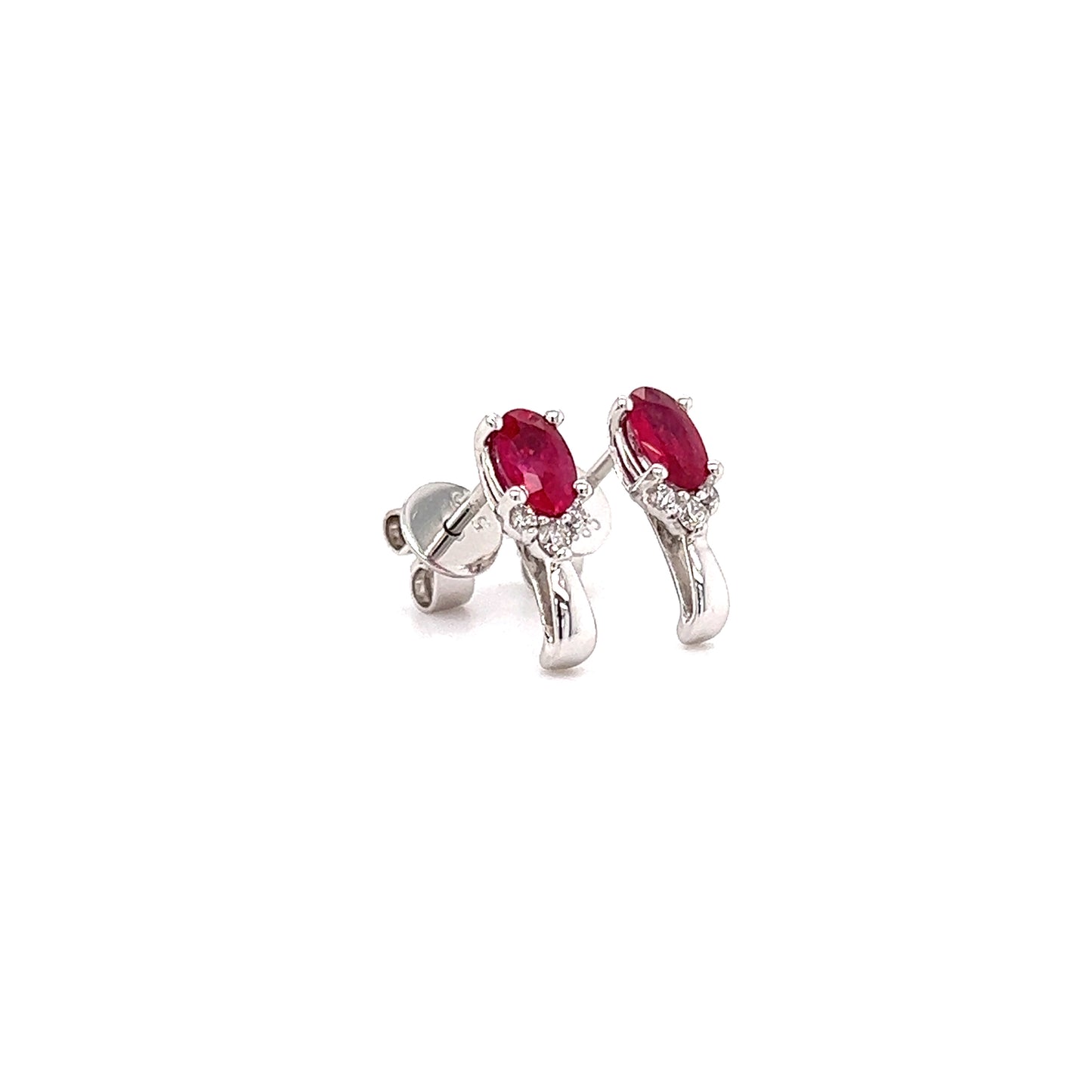 Oval Ruby Stud Earrings with Side Diamonds in 14K White Gold Left Side View