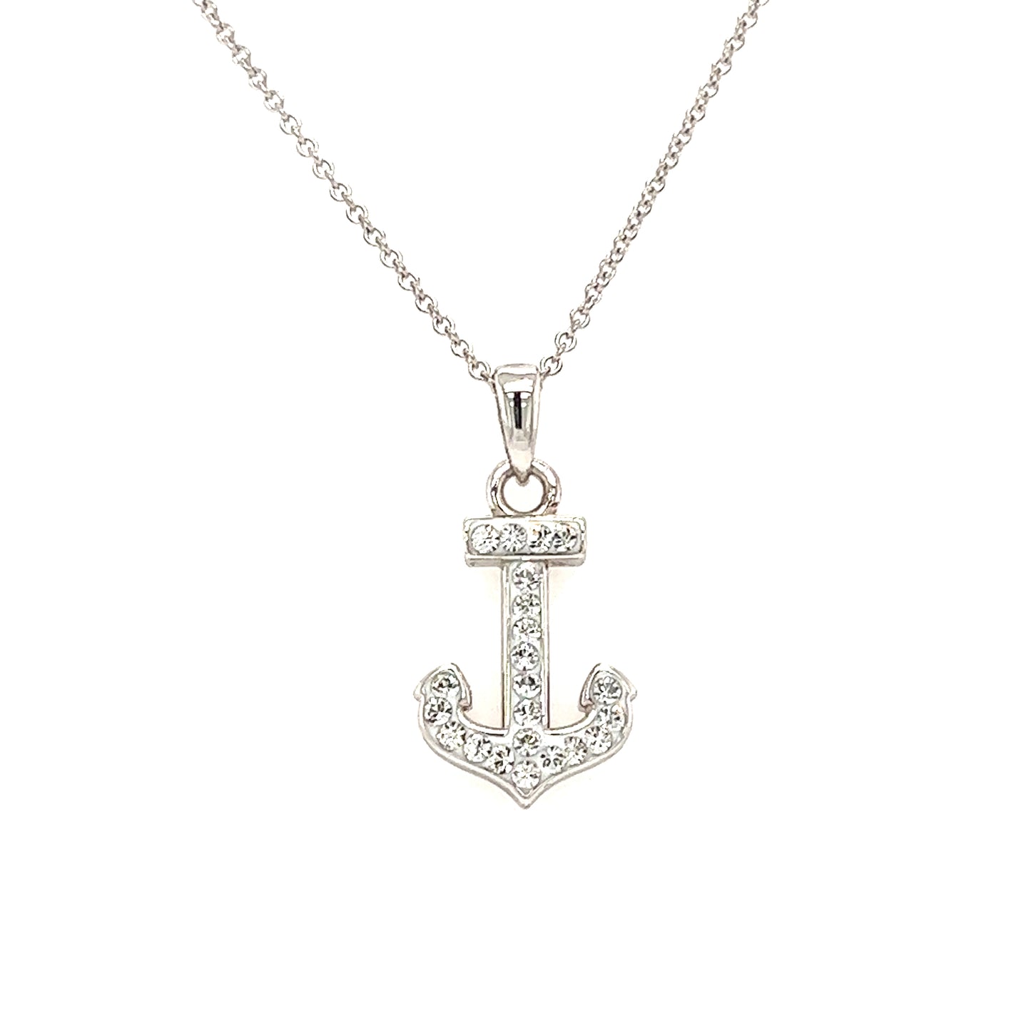 Anchor Necklace with White Crystals in Sterling Silver Necklace Front View 2