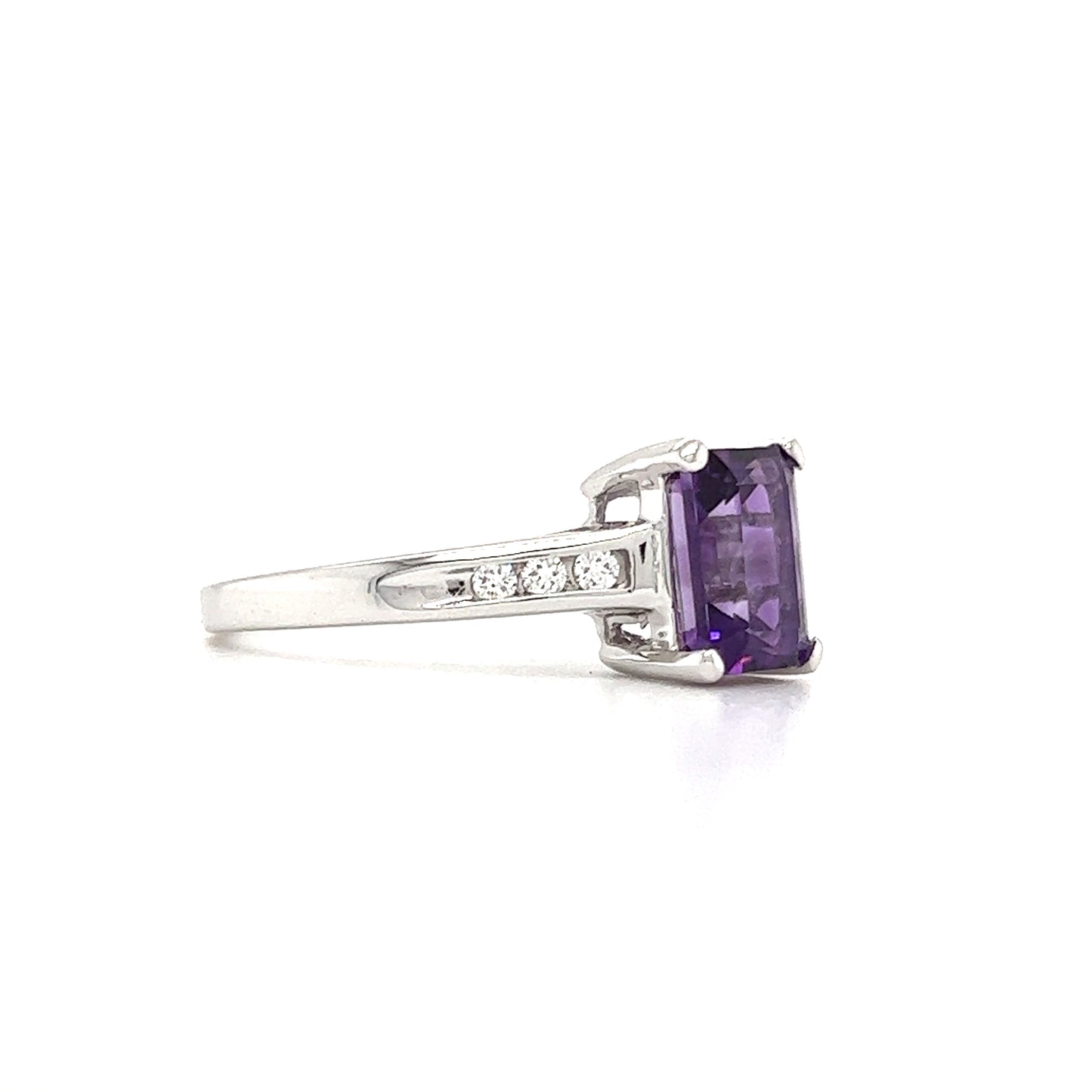 Baguette Amethyst Ring in 14K White Gold with Side Diamonds Front View Right Side View