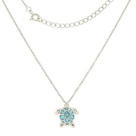 Aqua Sea Turtle Necklace with Aqua Crystals in Sterling Silver Full Necklace Front View