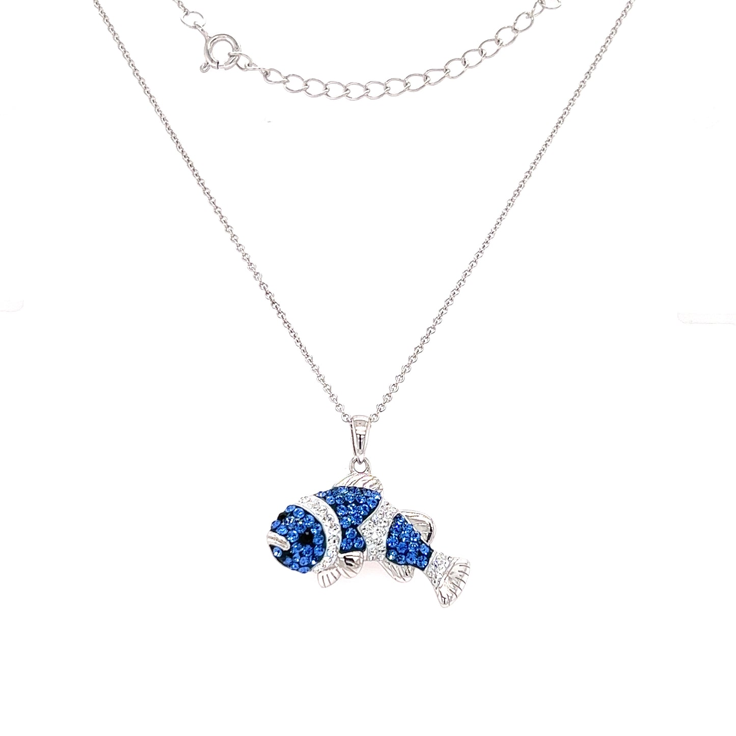 Clownfish Necklace with Blue and White Crystals in Sterling Silver Full Necklace Front View