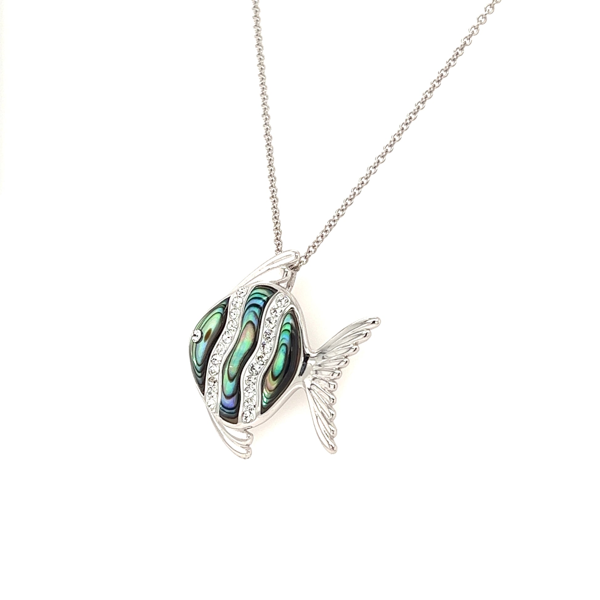 Abalone Shell Fish Necklace with White Crystals in Sterling Silver Side View