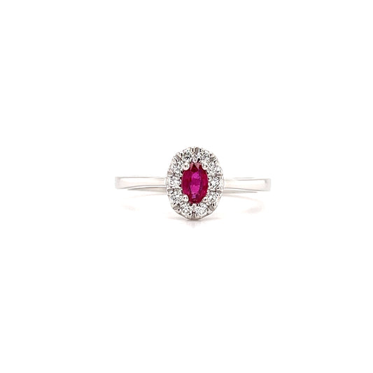 Oval Ruby Ring with Diamond Halo in 14K White Gold Front View