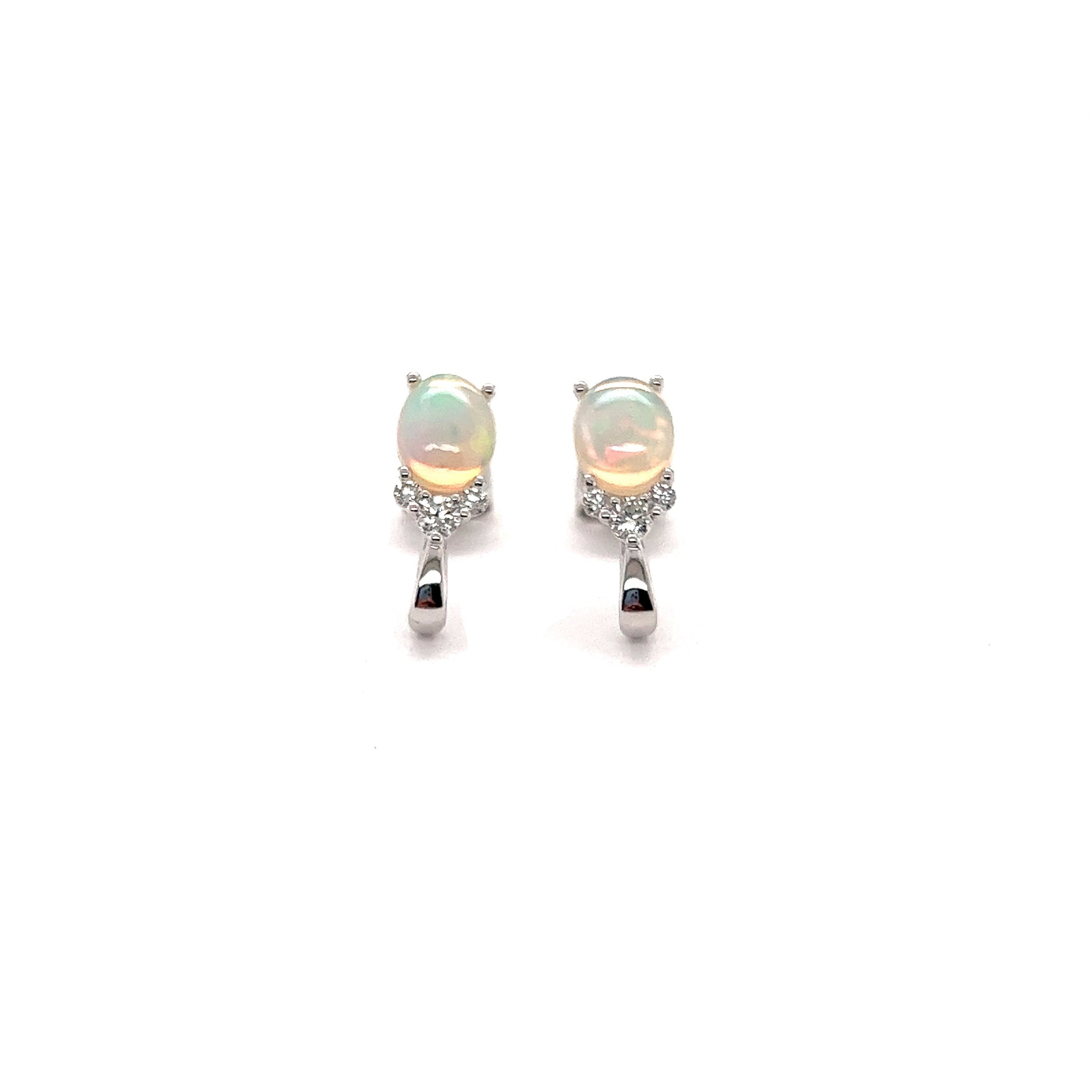 White Ethiopian Opal Stud Earrings with Accent Diamonds in 14K White Gold Front View Alternative