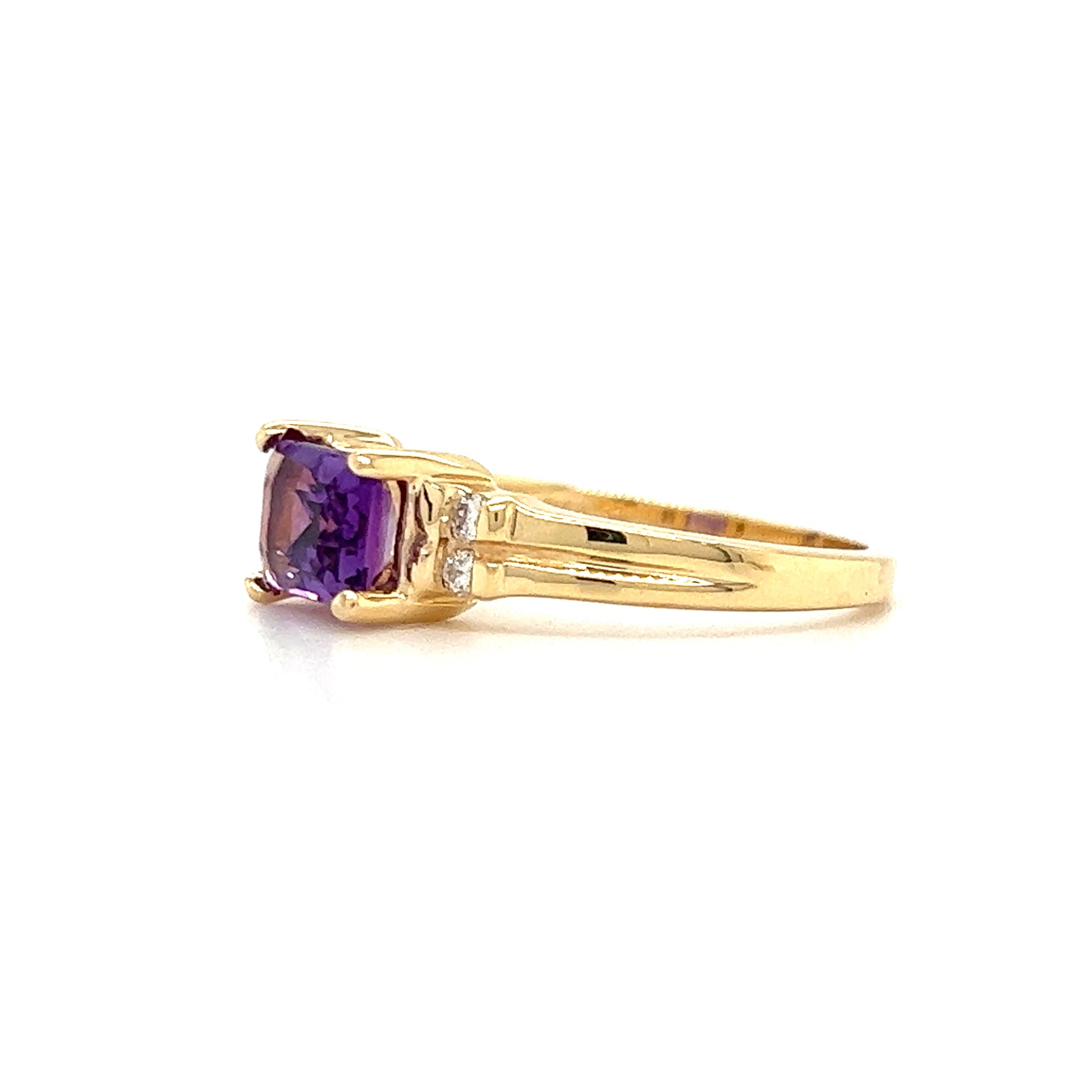 Baguette Amethyst Ring in 14K Yellow Gold with Side Diamonds Left Profile View