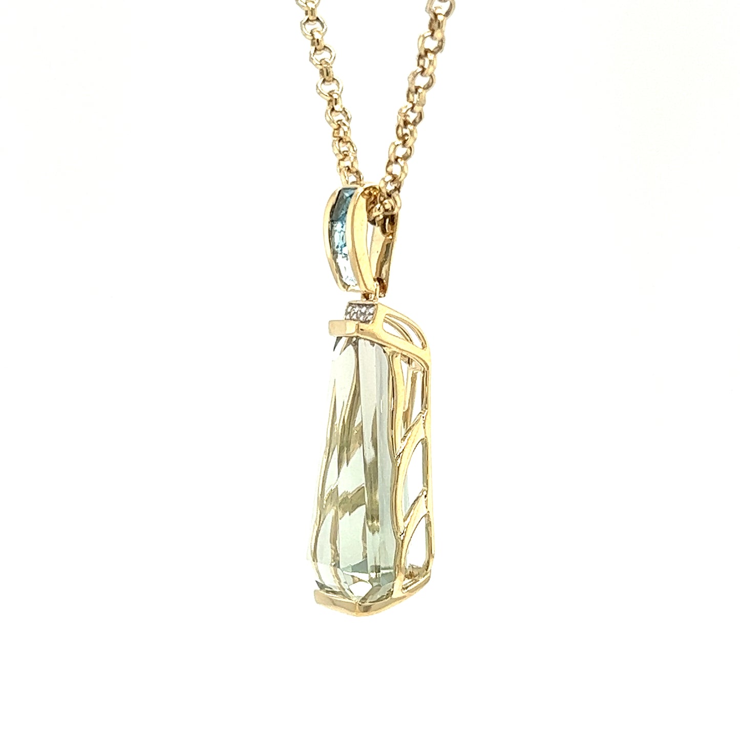 Green Amethyst Pendant with Blue Topaz and Diamonds in 14K Yellow Gold Right Profile View