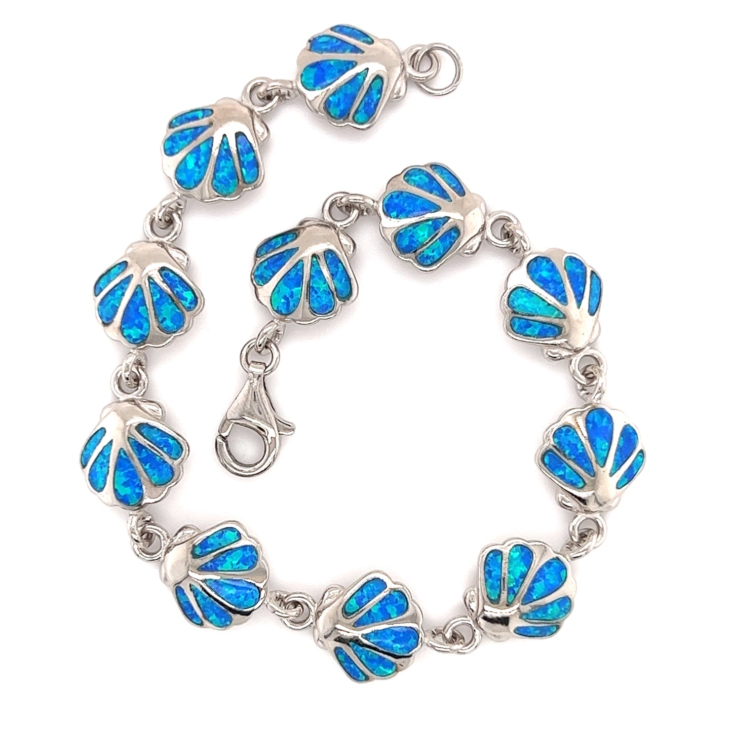Seashell Bracelet with Blue Opal inlay in Sterling Silver Full Bracelet with Open Clasp