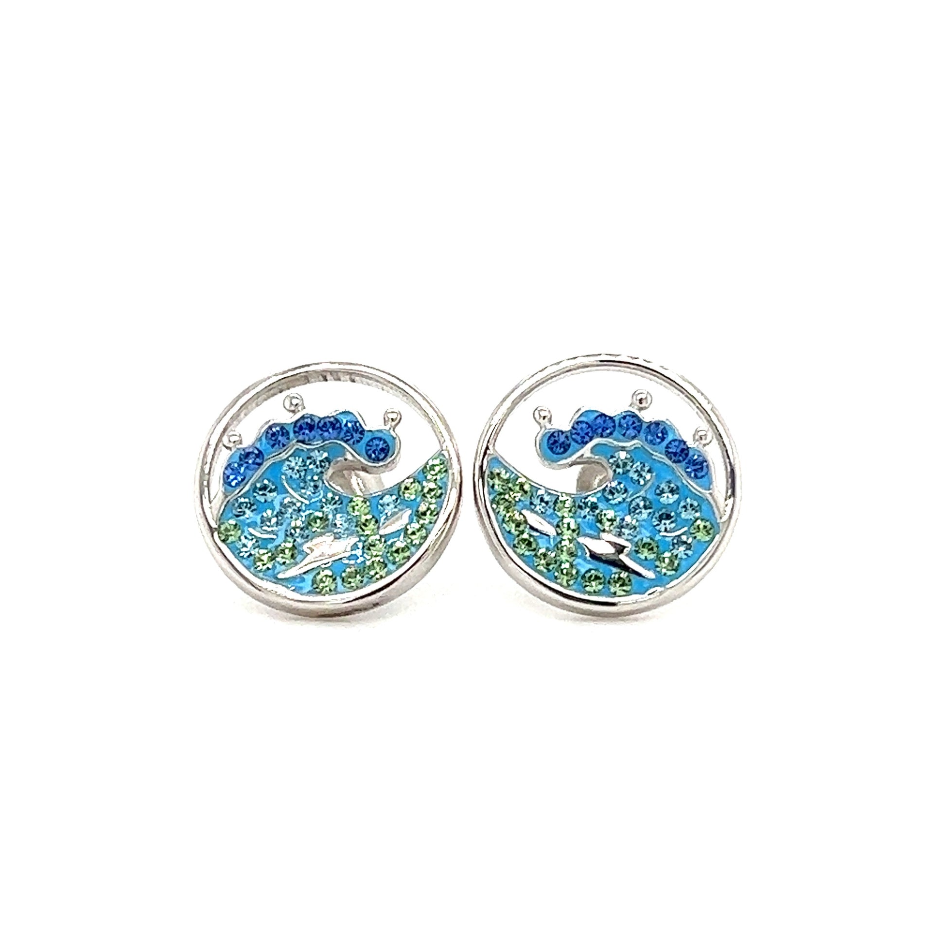 Wave Stud Earrings with Blue, Aqua and Green Crystals in Sterling Silver. Front View