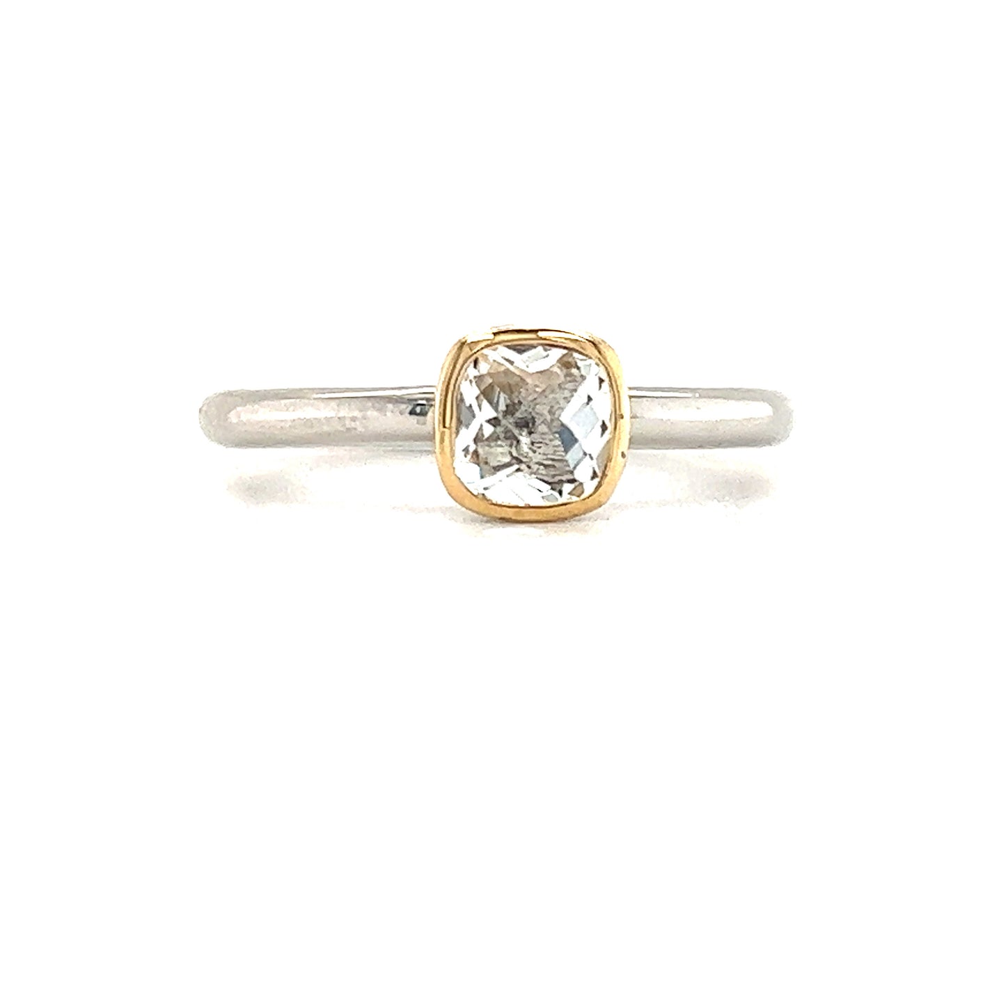 Cushion White Topaz Ring in Sterling Silver with 14K Yellow Gold Accent Front View