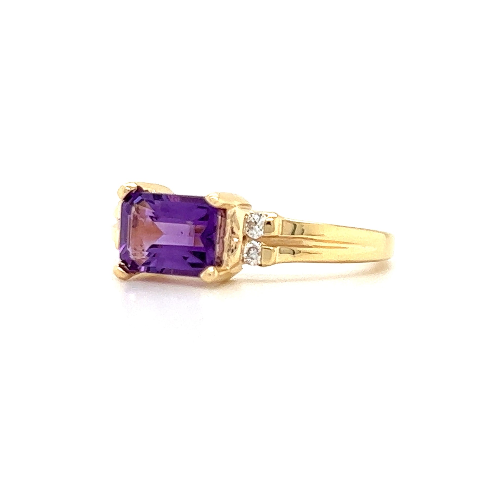 Baguette Amethyst Ring in 14K Yellow Gold with Side Diamonds Left Side View