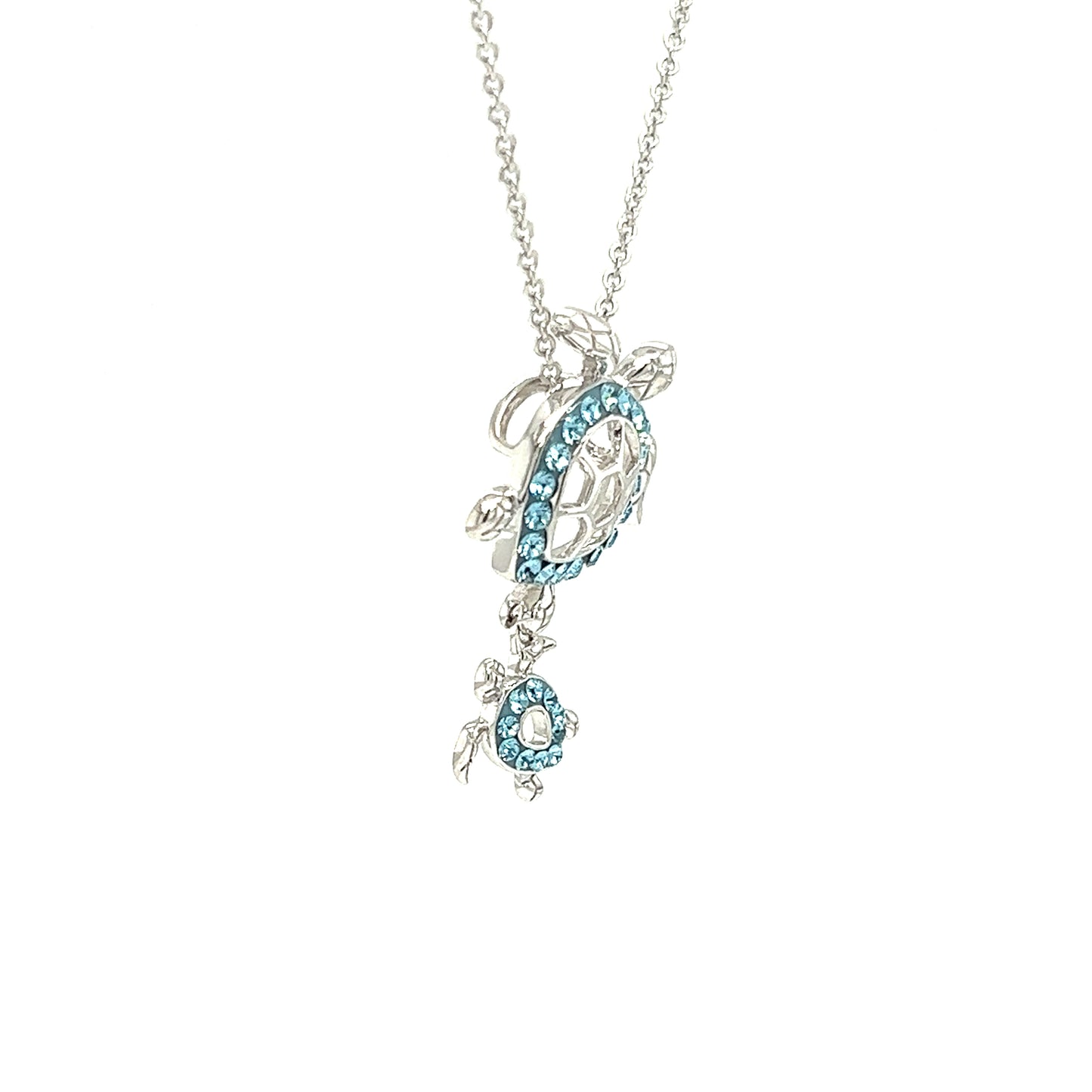 Mother and Baby Sea Turtle Necklace with Aqua Crystals in Sterling Silver Right Side View