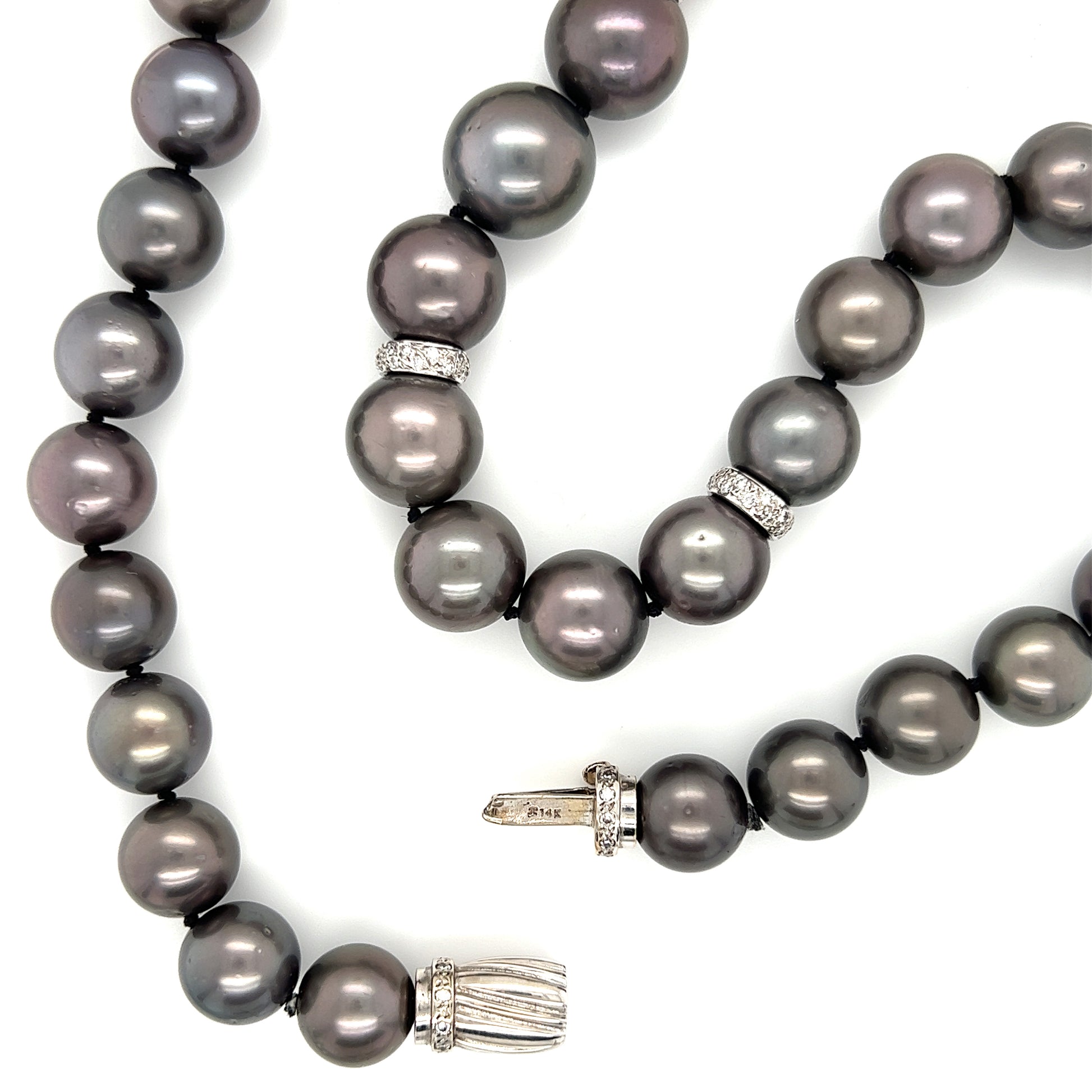 Tahitian Black Pearl Necklace with Four Diamond Rondelle and 14K White Gold Catch. Open Catch View