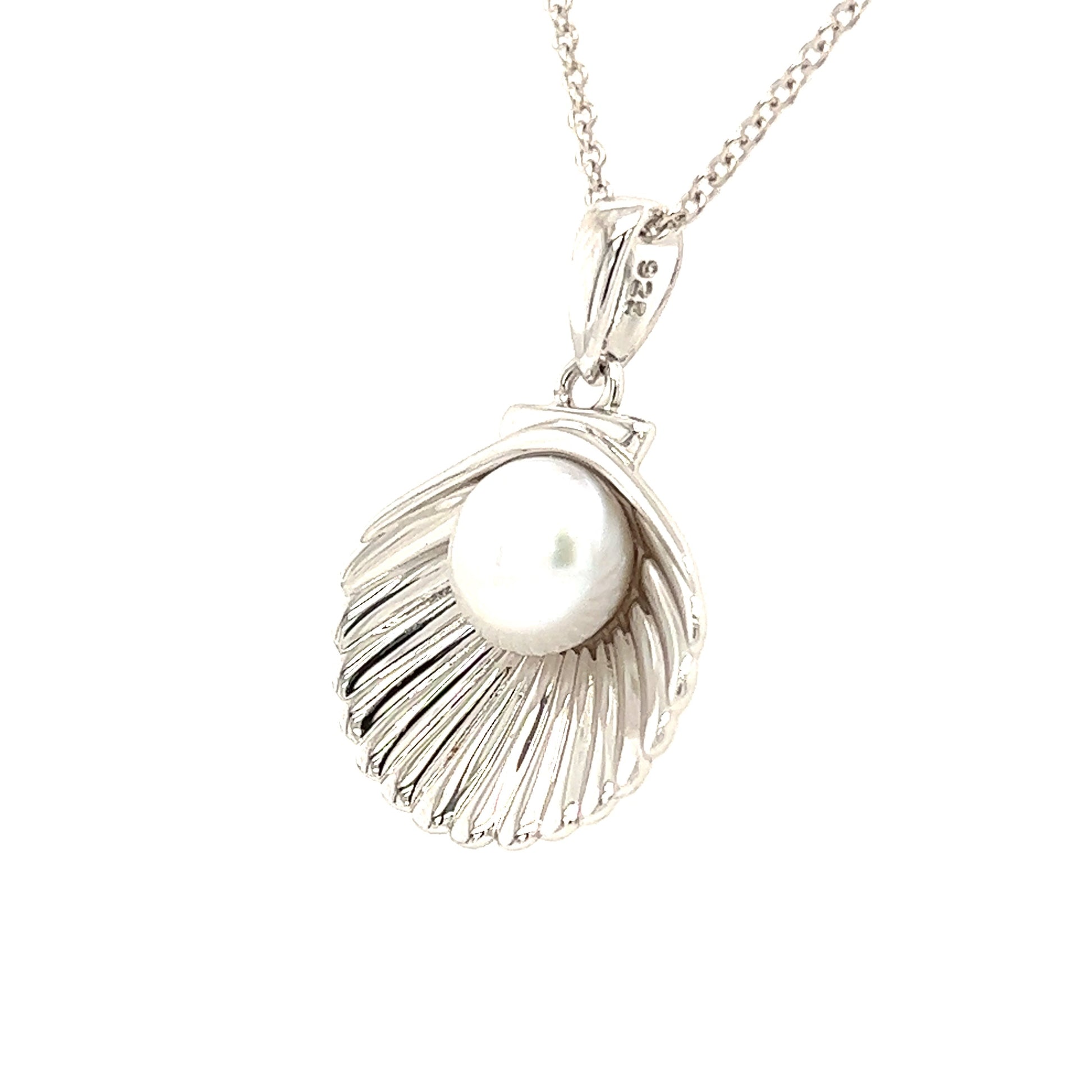 Shell Necklace with White Pearl in Sterling Silver Pendant Left Side