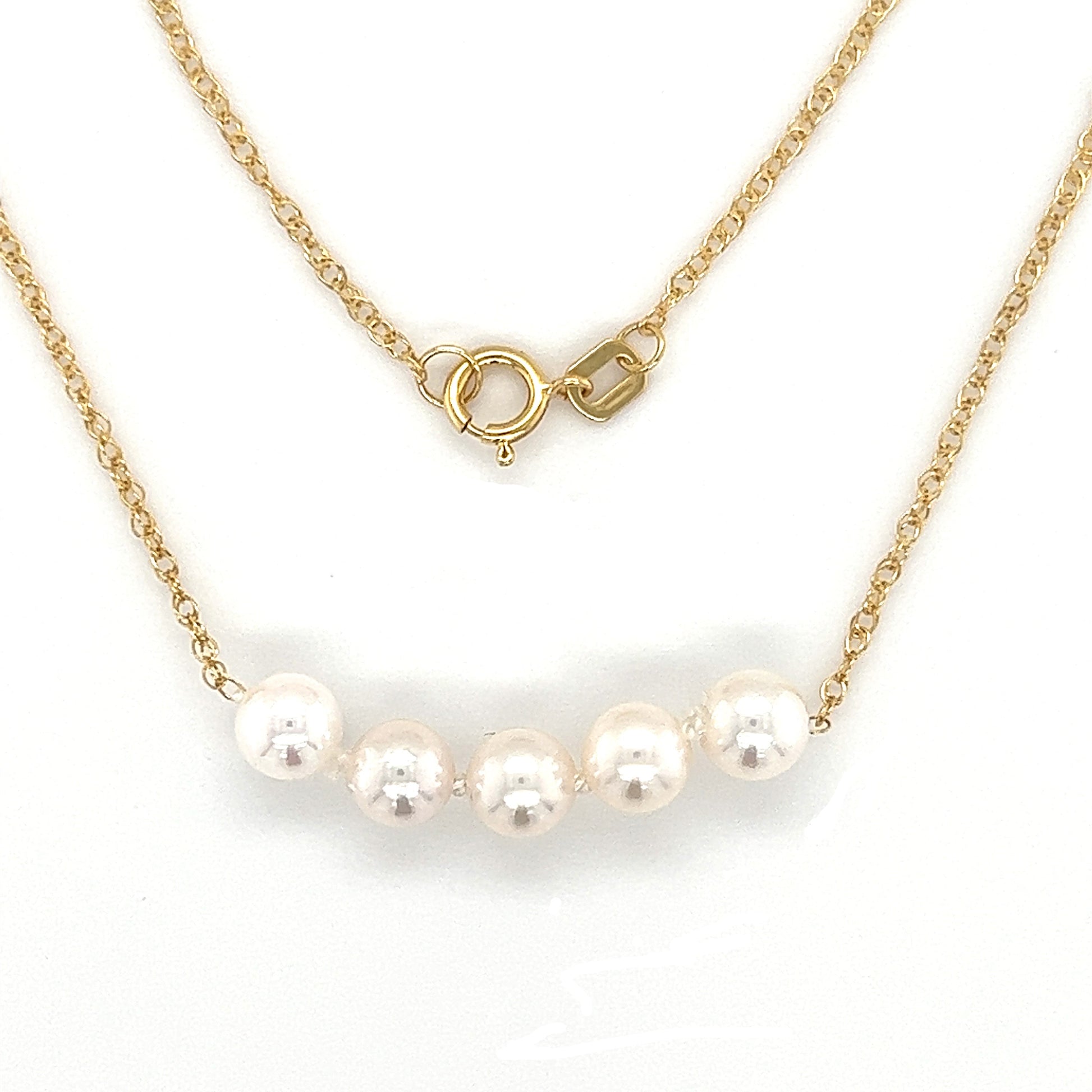 Add-a-Pearl Necklace with Five 5mm White Pearls in 10K Yellow Gold. Pearls and Clasp View