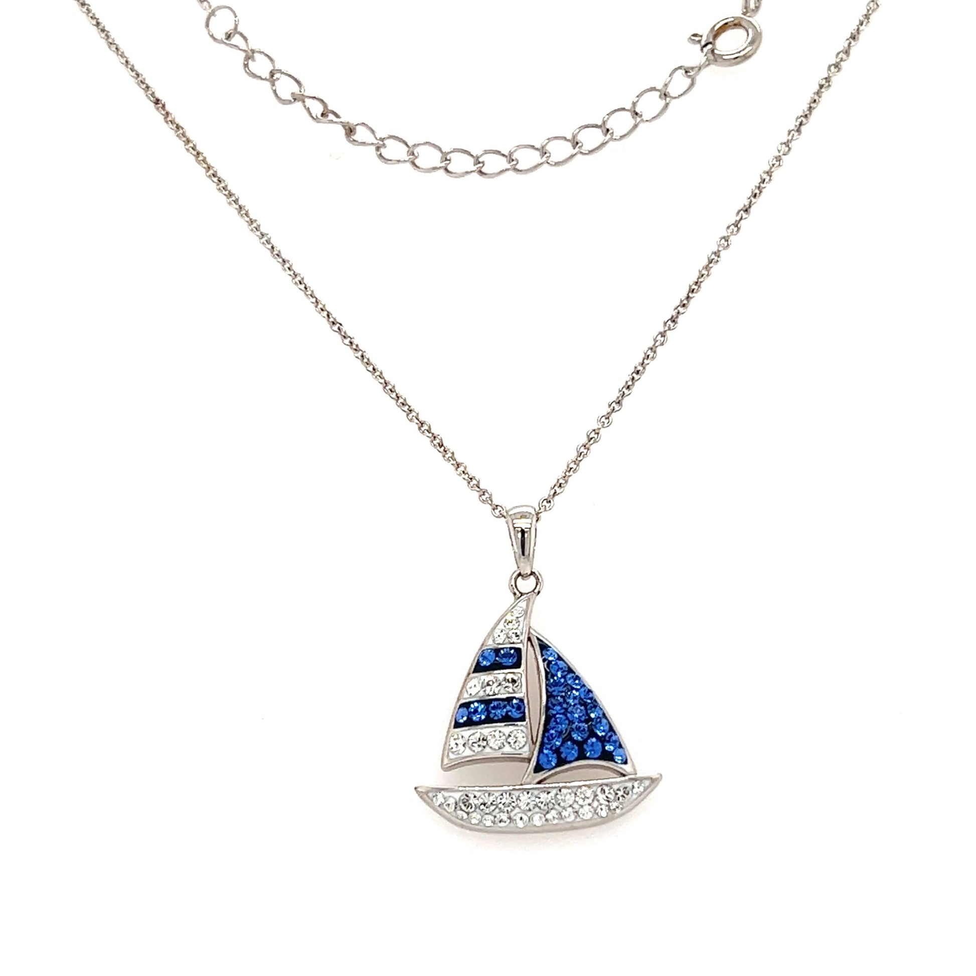 Blue Sailboat Necklace with Blue and White Crystals in Sterling Silver. Full Necklace View