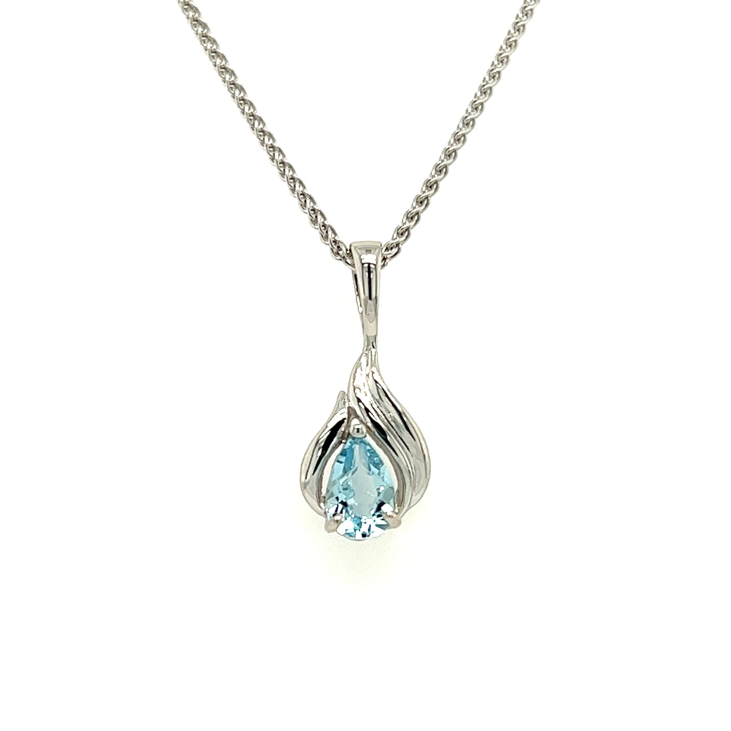 Pear Aquamarine Pendant with Flame Motif in 14K White Gold Pendant and Chain Front View