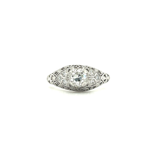Old European-Cut Diamond Ring with Six Side Diamonds in Platinum Front View