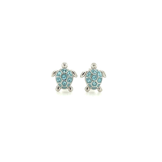 Sea Turtle Stud Earrings with Aqua Crystals in Sterling Silver Front View