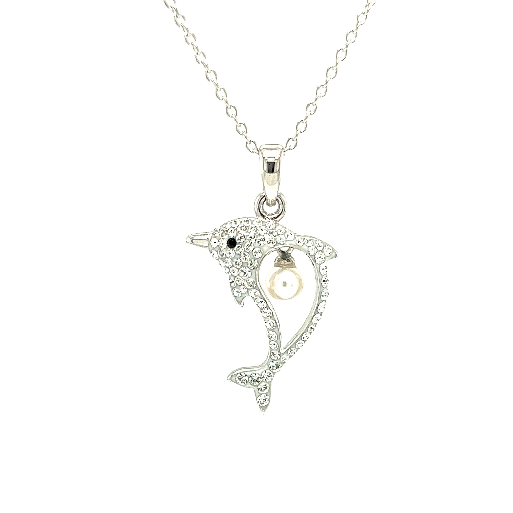 Dolphin Necklace With 4mm White Pearl and White Crystals in Sterling Silver Pendant Front View