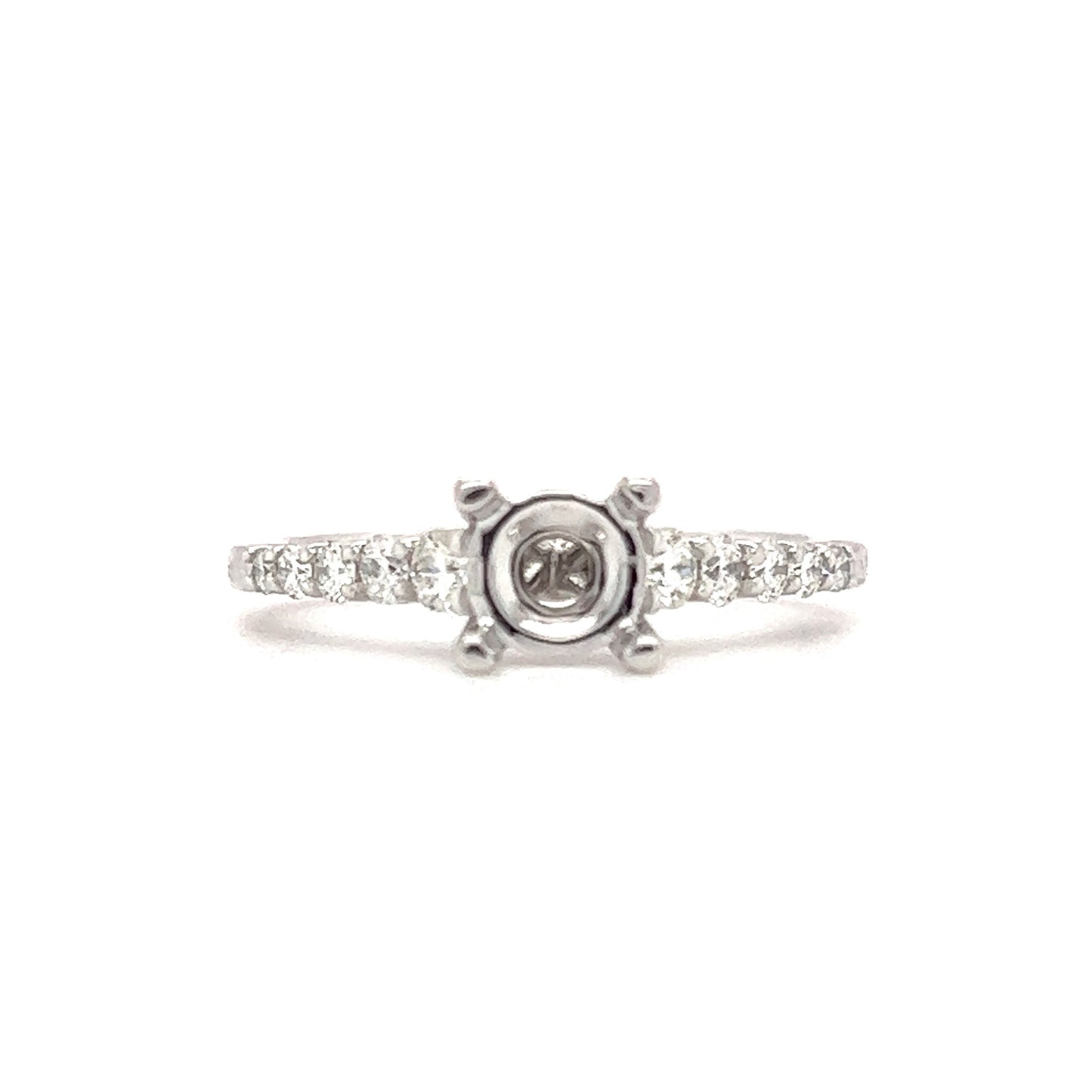 Engagement Ring Setting with Ten Side Diamonds in 14K White Gold Front View