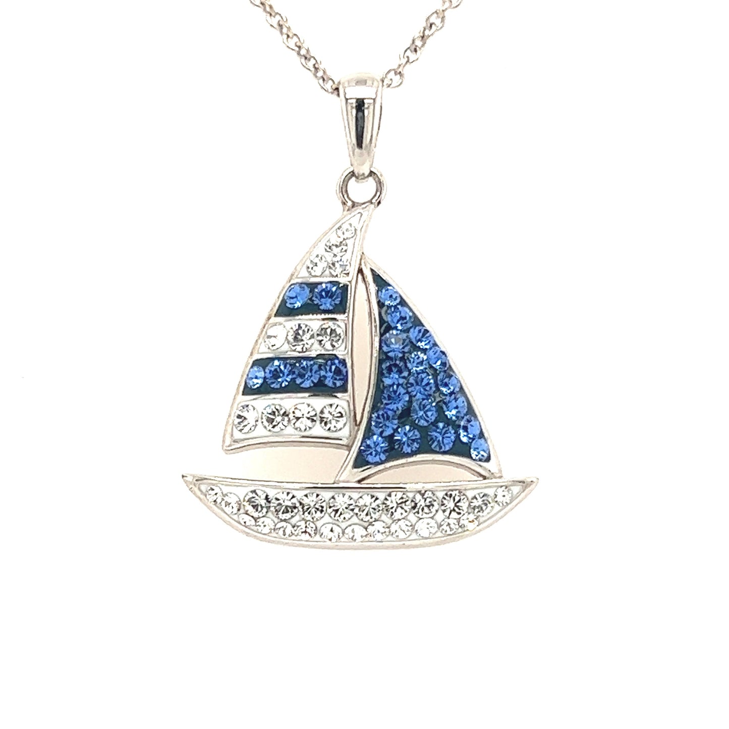 Blue Sailboat Necklace with Blue and White Crystals in Sterling Silver. Pendant Zoom View