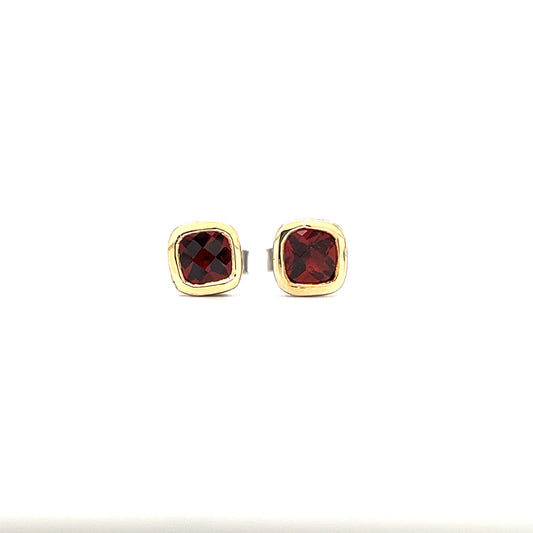 Cushion Garnet Stud Earrings in Sterling Silver Front Side