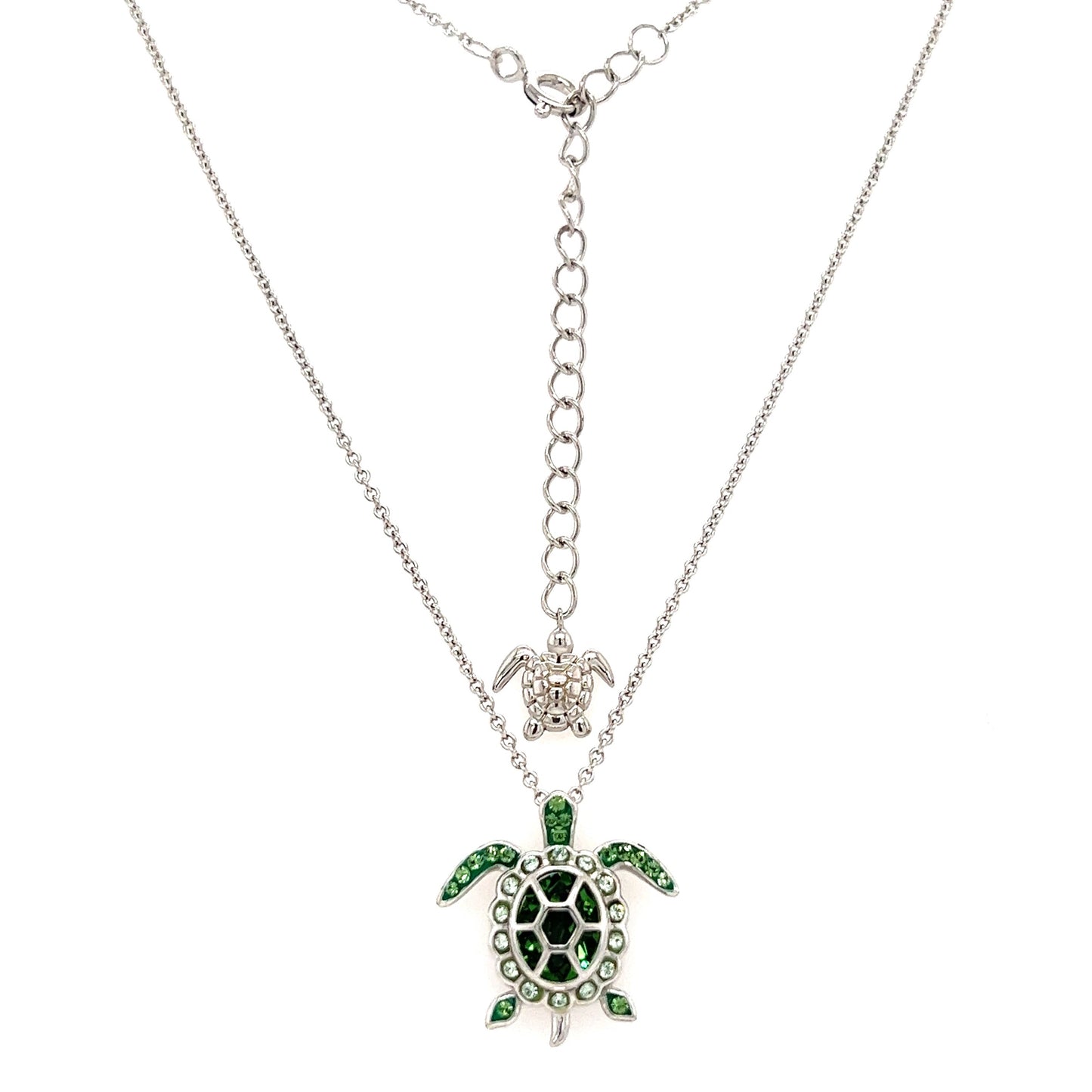 Sea Turtle Necklace with Light Green Crystals in Sterling Silver. Full Necklace Front View.
