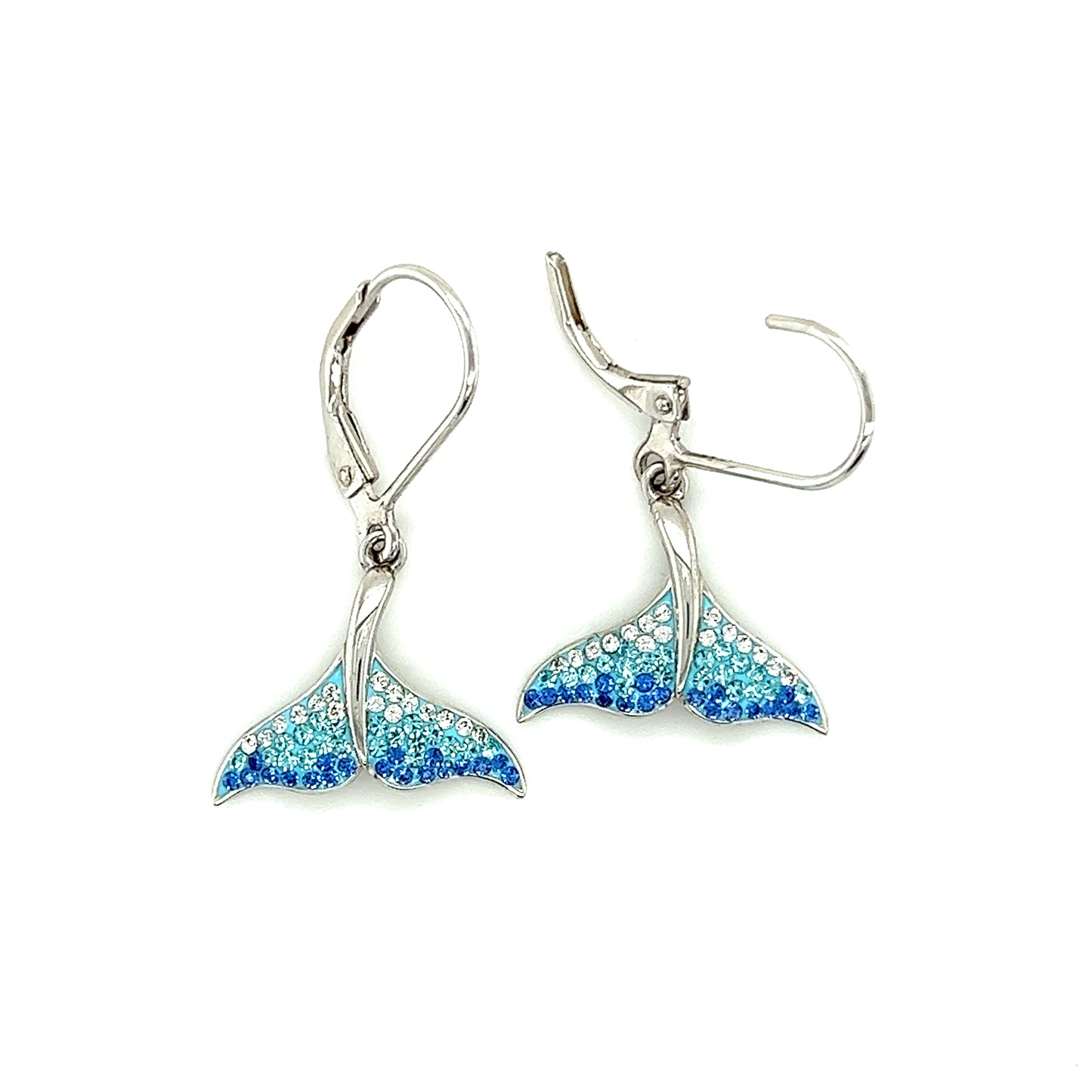 Whale Tail Dangle Earrings with White, Aqua and Blue Crystals in Sterling Silver Front View with Open Back