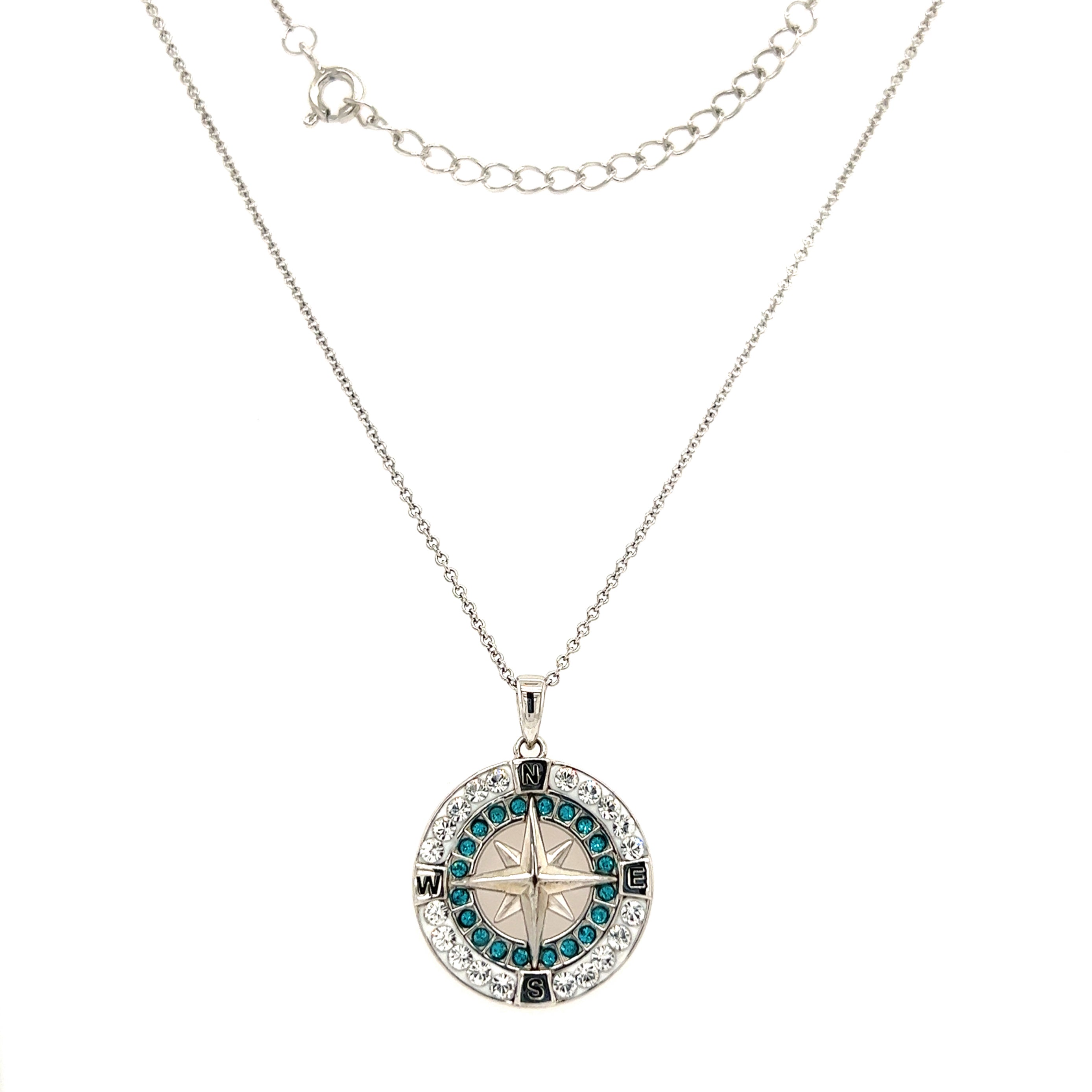 Compass Necklace with Aqua and White Crystals in Sterling Silver