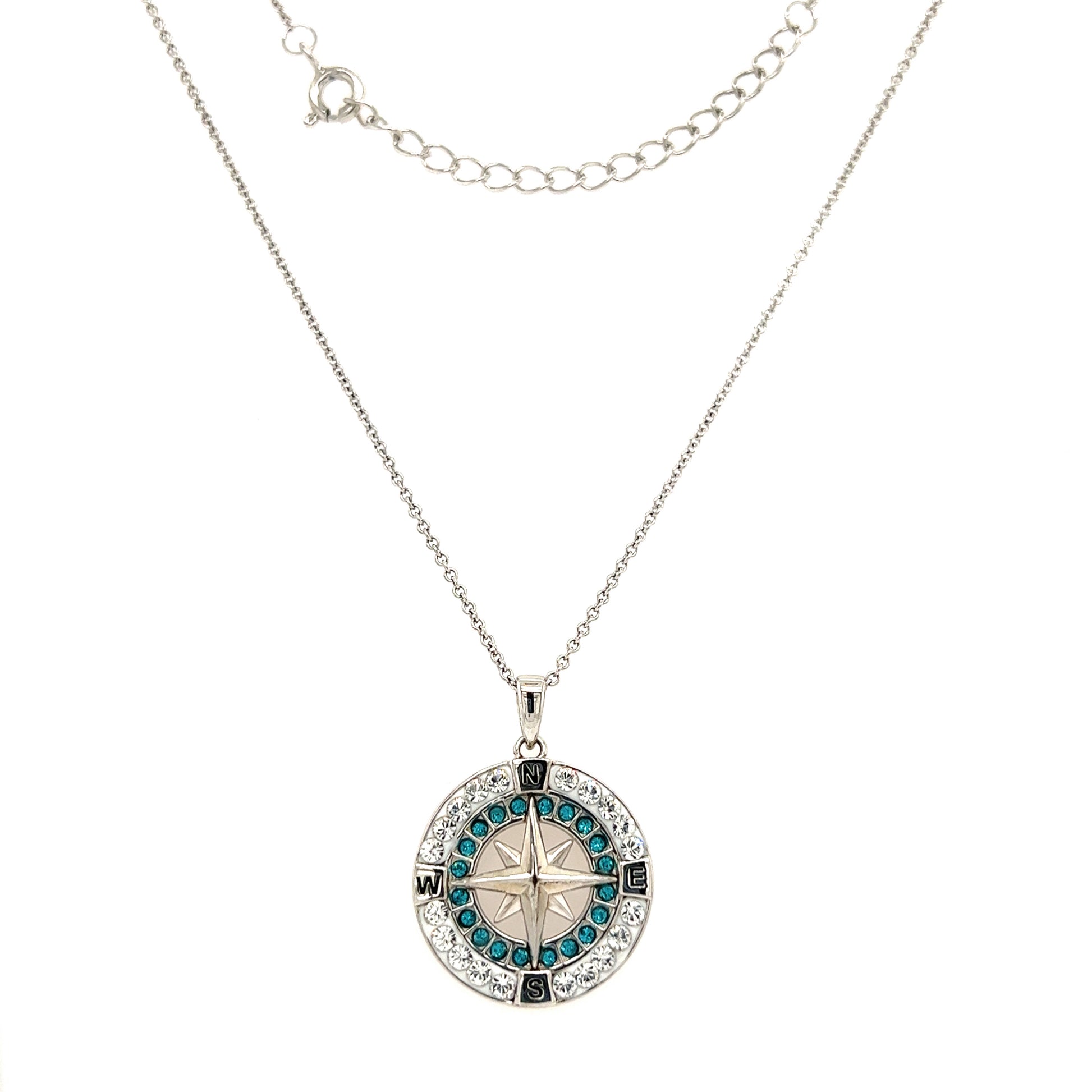 Compass Necklace with Aqua and White Crystals in Sterling Silver Front necklace View