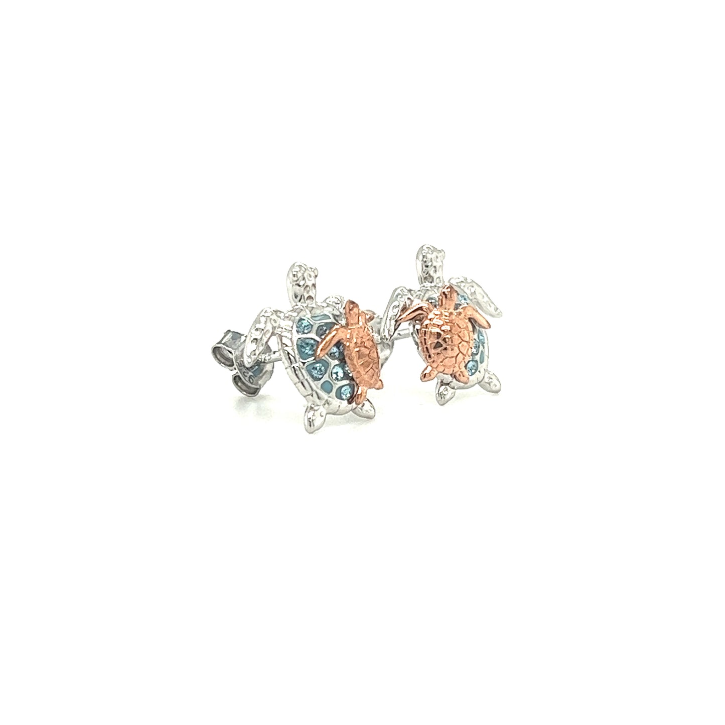 Sea Turtle Stud Earrings with Rose Gold Accents and Aqua Crystals in Sterling Silver Left Side View
