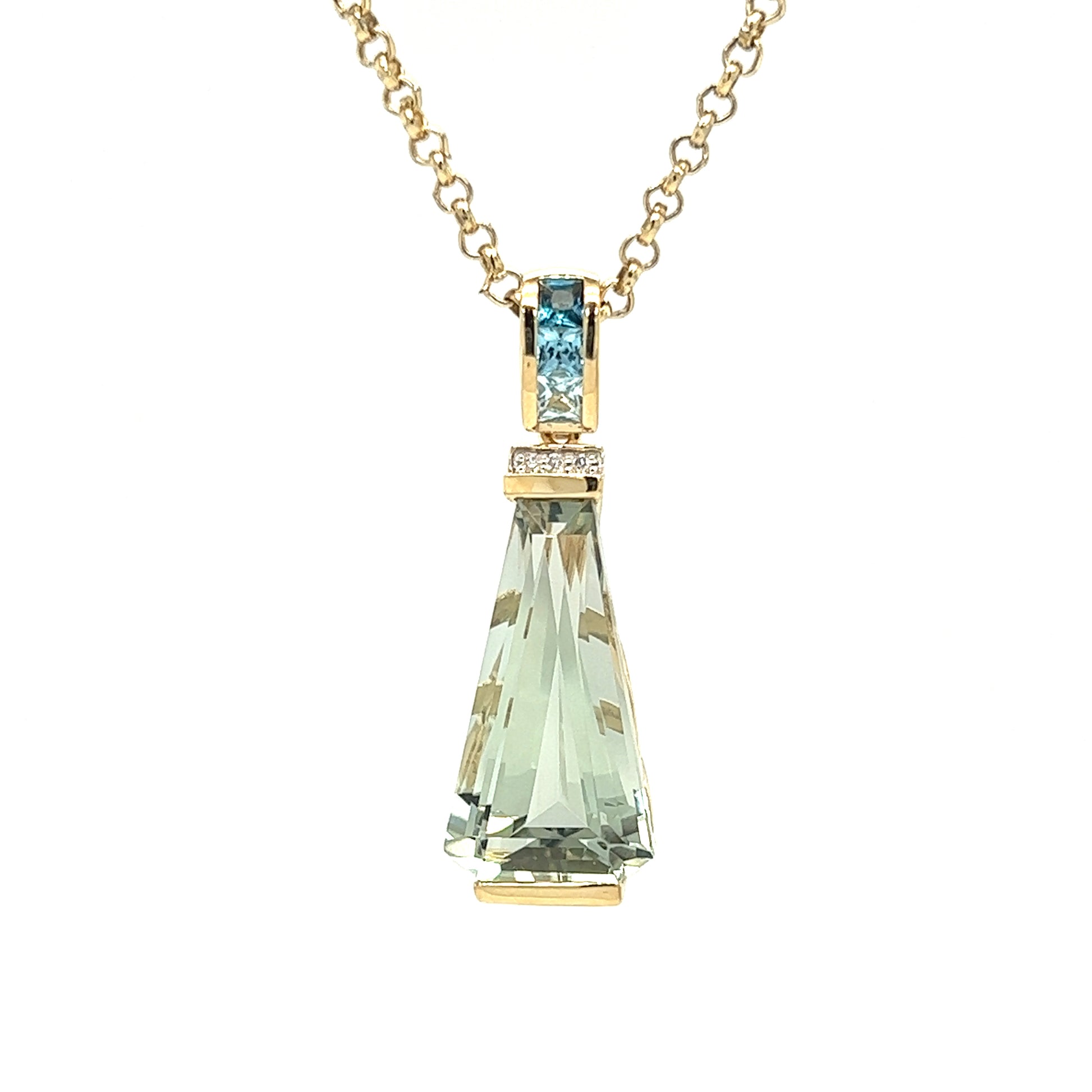 Green Amethyst Pendant with Blue Topaz and Diamonds in 14K Yellow Gold Pendant and Chain Front View