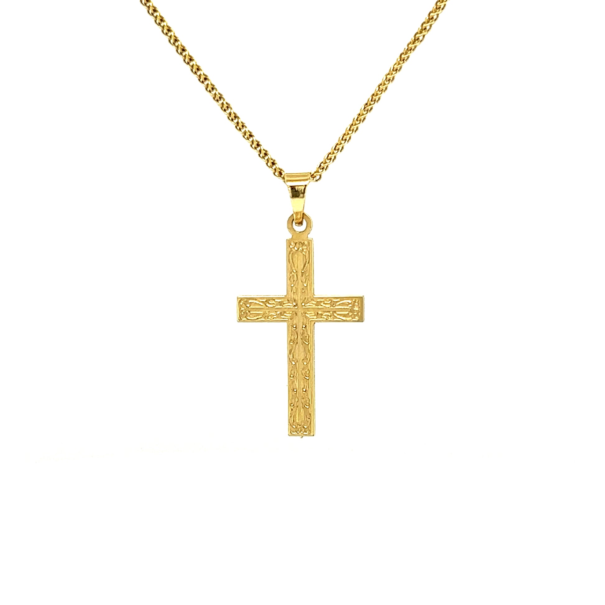 Large Etched Cross Pendant in 14K Yellow Gold Pendant and Chain Front View