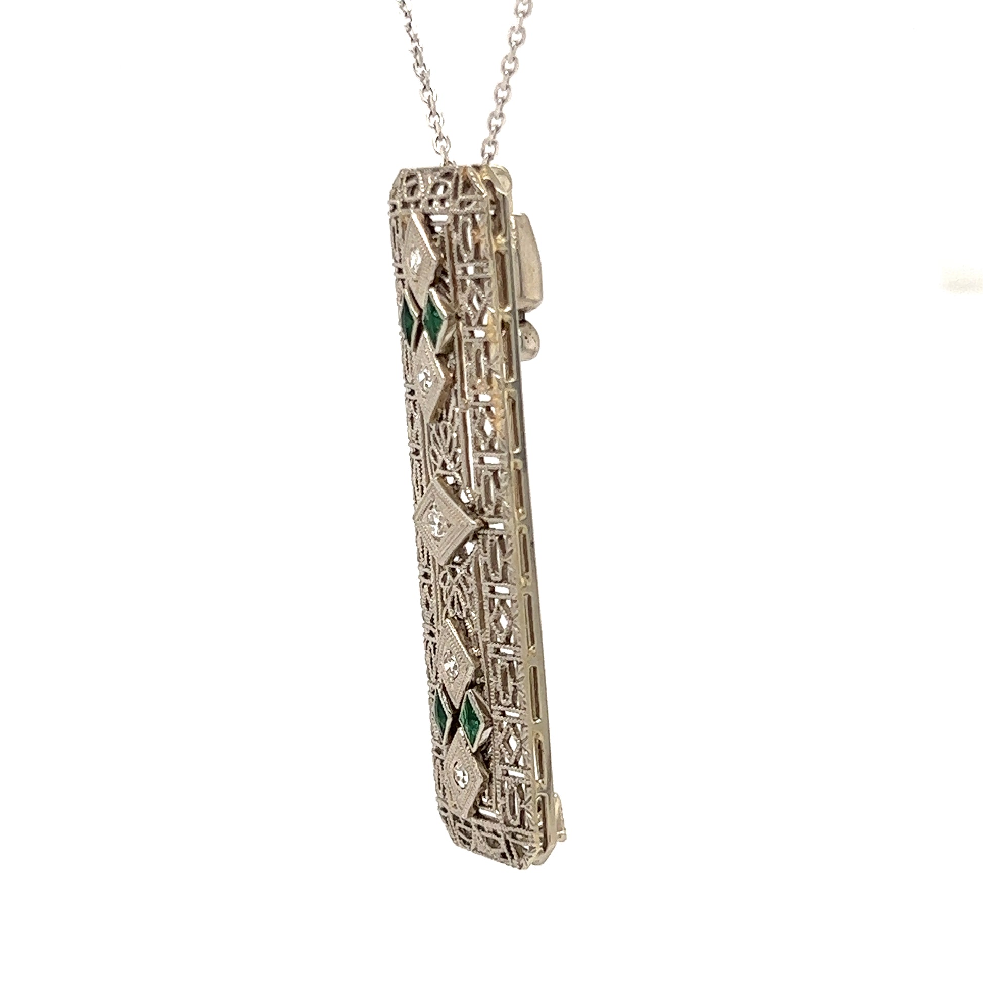 Vintage Diamond Pin With Four Emeralds in 14K White Gold Left Pendant View