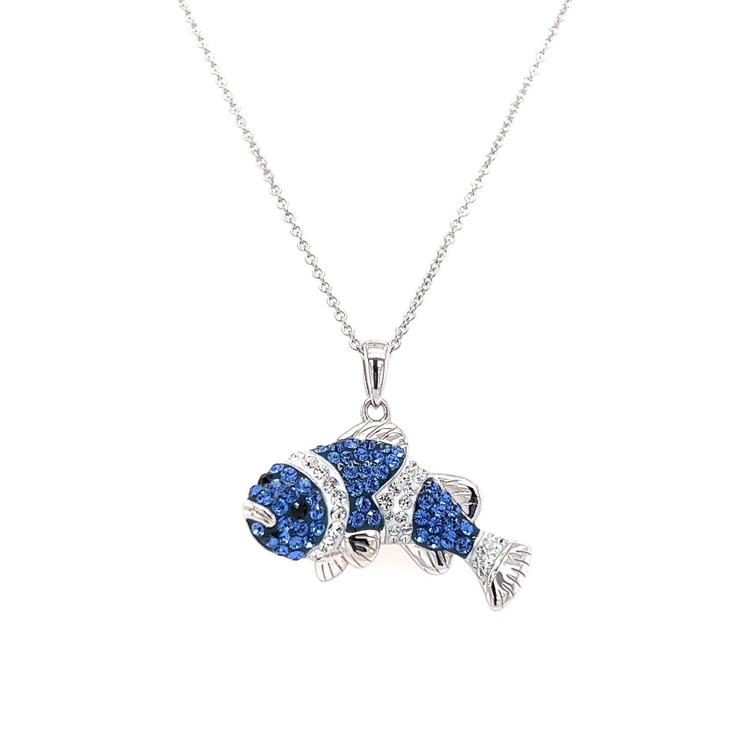 Clownfish Necklace with Blue and White Crystals in Sterling Silver Pendant and Chain Front View
