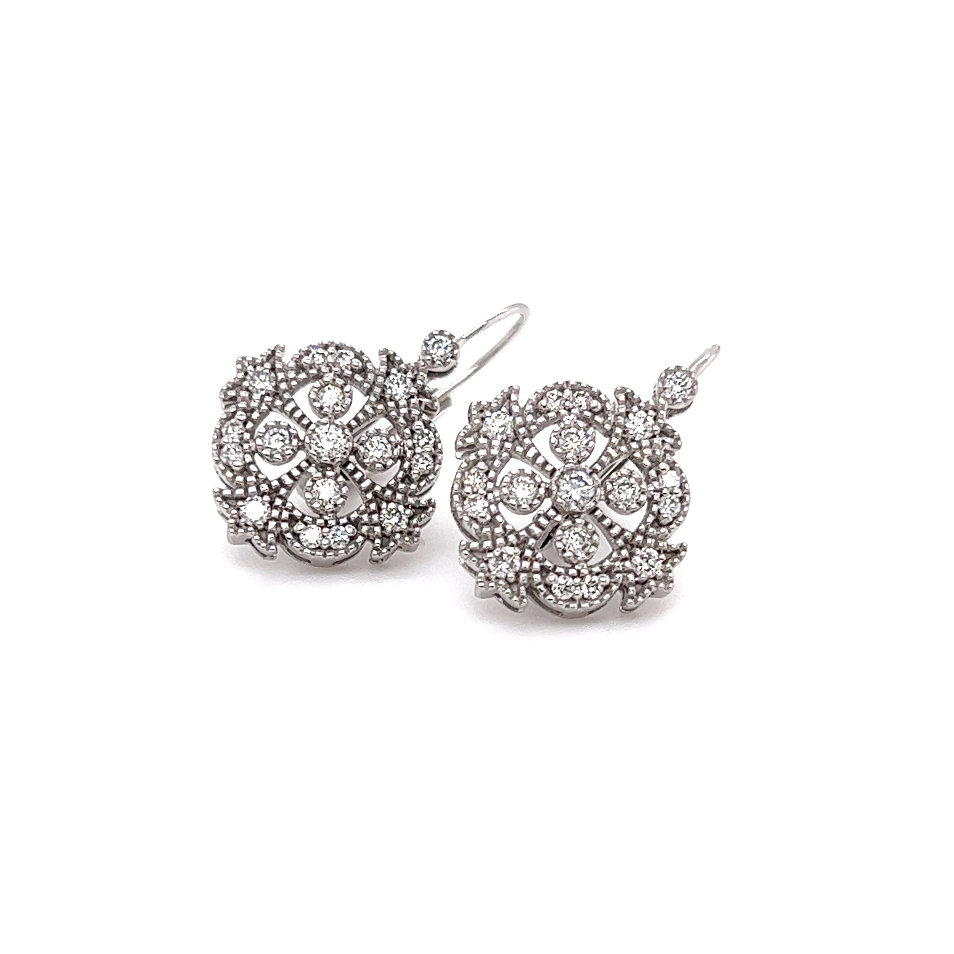 Diamond Dangle Earrings with Milgrain Details in 14K White Gold Front View