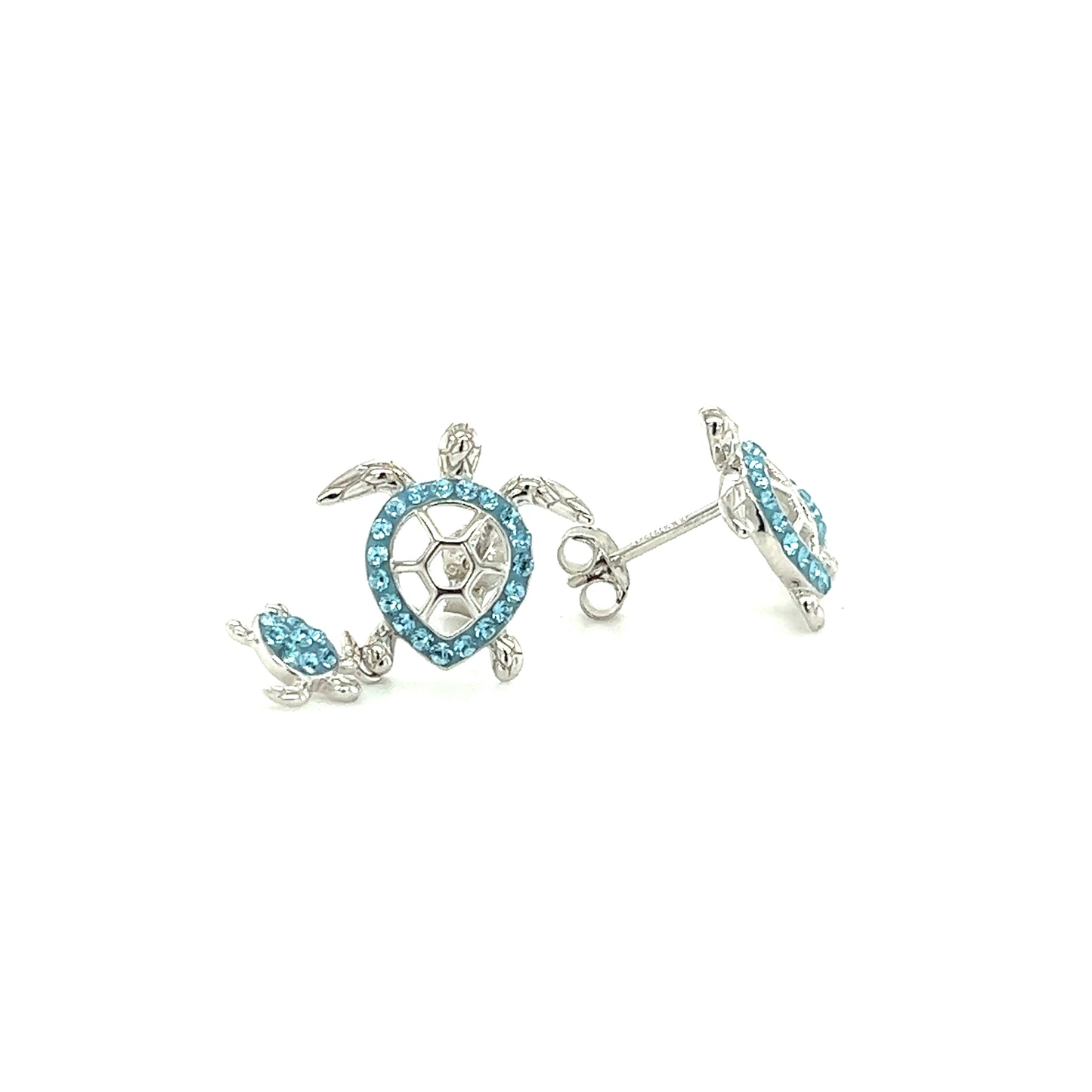 Mother and Baby Sea Turtle Earrings with Aqua Crystals in Sterling Silver Front and Side View