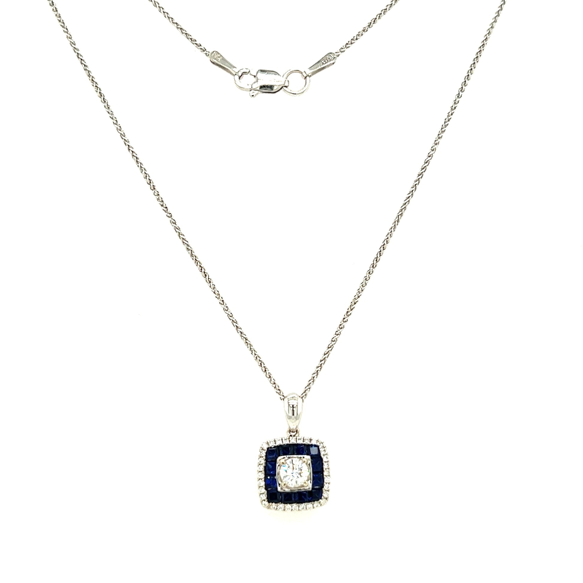 Round Diamond Necklace with Thirty-Two Accent Diamonds and Twelve Ceylon Sapphires in 14K and 10K White Gold Full Necklace View