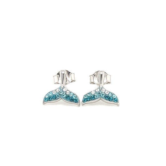 Whale Tail Stud Earrings with Turquoise Crystals in Sterling Silver. Front View