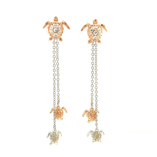 Sea Turtle Drop Earrings with White and Rose Crystals in Sterling Silver Front View
